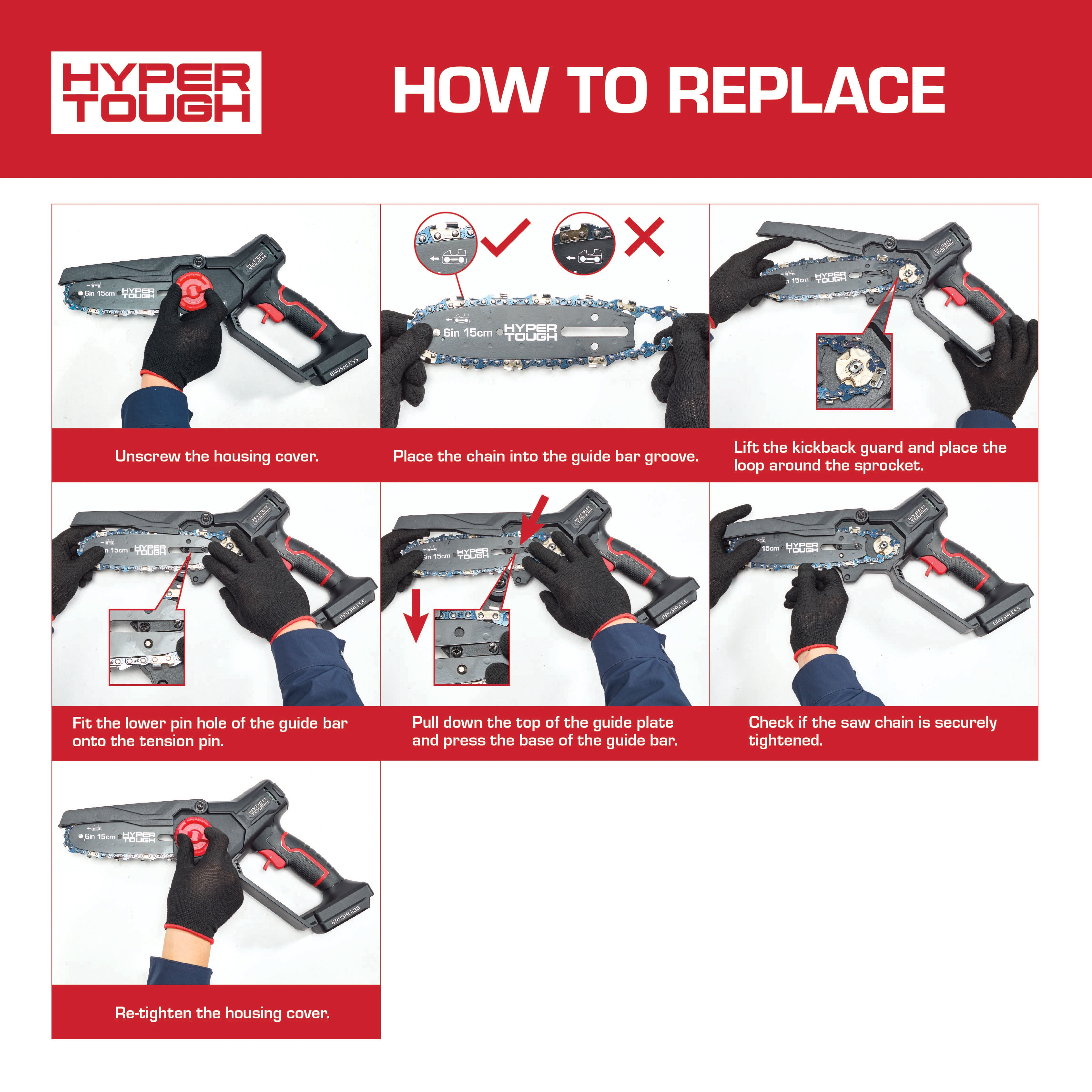 Hyper Tough 6 in 20V Brushless Cordless Pruner Saw with 2.0Ah Battery and Charging Cable (Black, 6 in) 5xayx