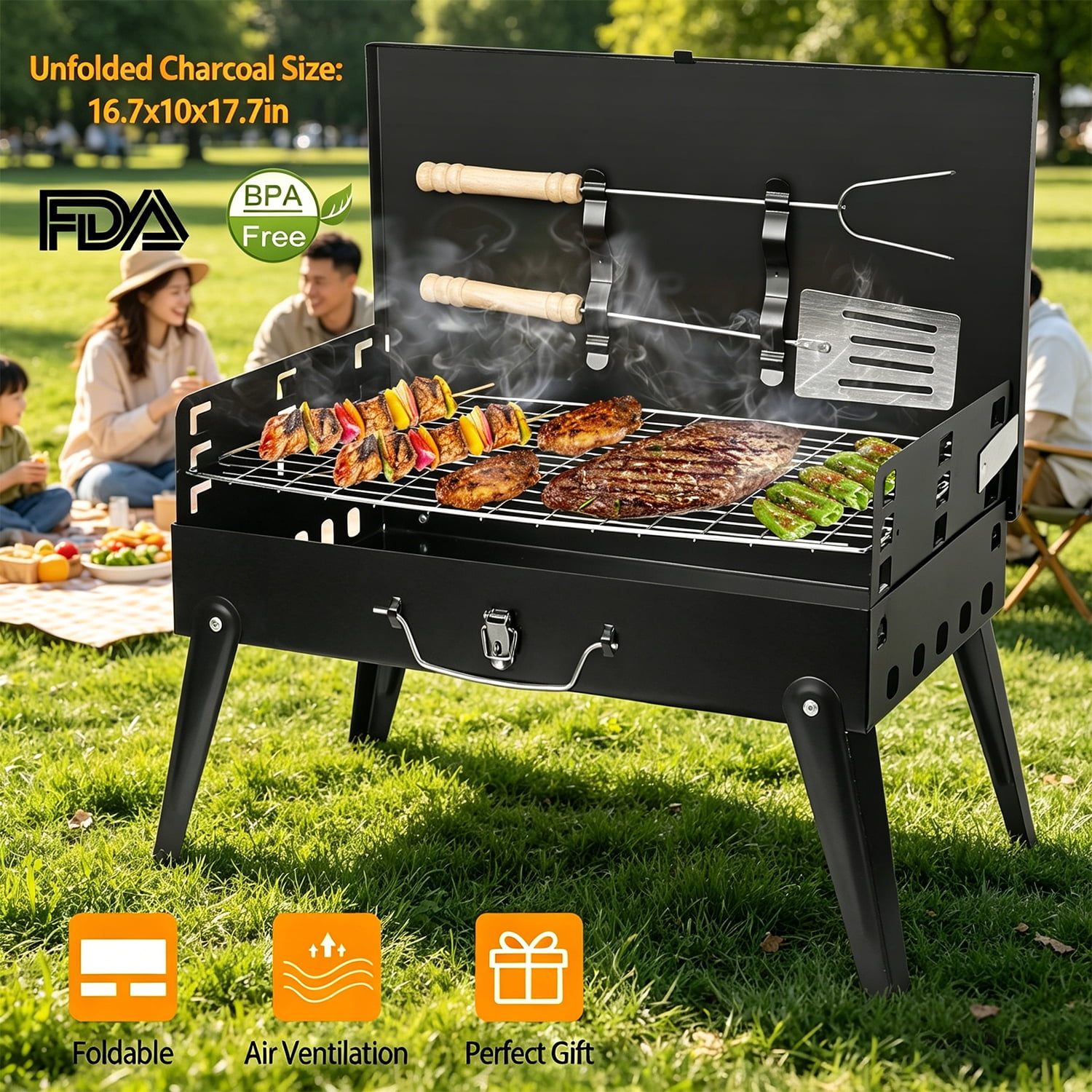TeqHome Portable Charcoal Grill Foldable Tabletop BBQ for Camping Picnic (Black, 16.7x10x17.7 in) 2c8un