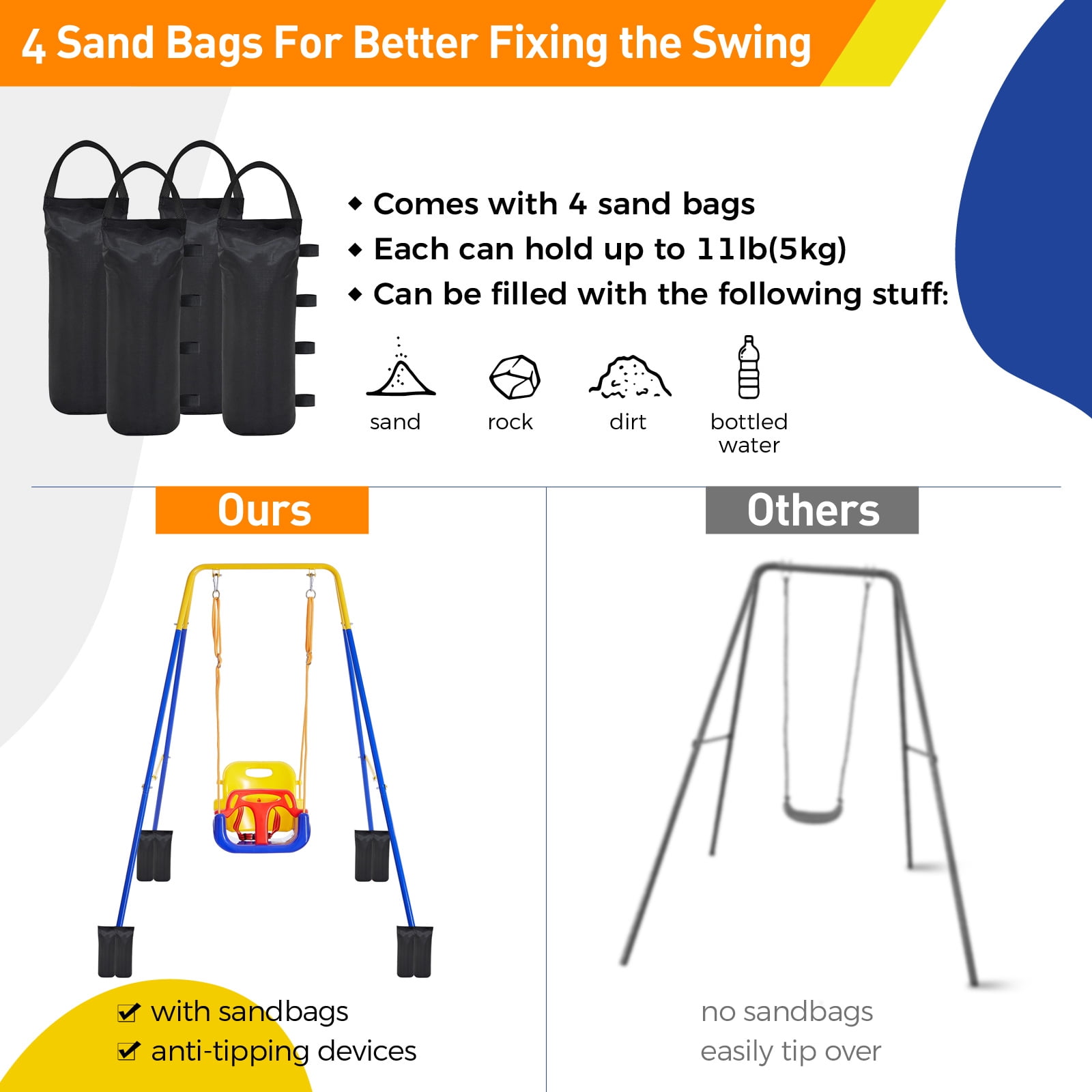 FUNLIO 3-in-1 Toddler Swing Set with Foldable Metal Stand, Indoor/Outdoor Kids Playground Equipment with 4 Sandbags (49 in Rope) u4vi6