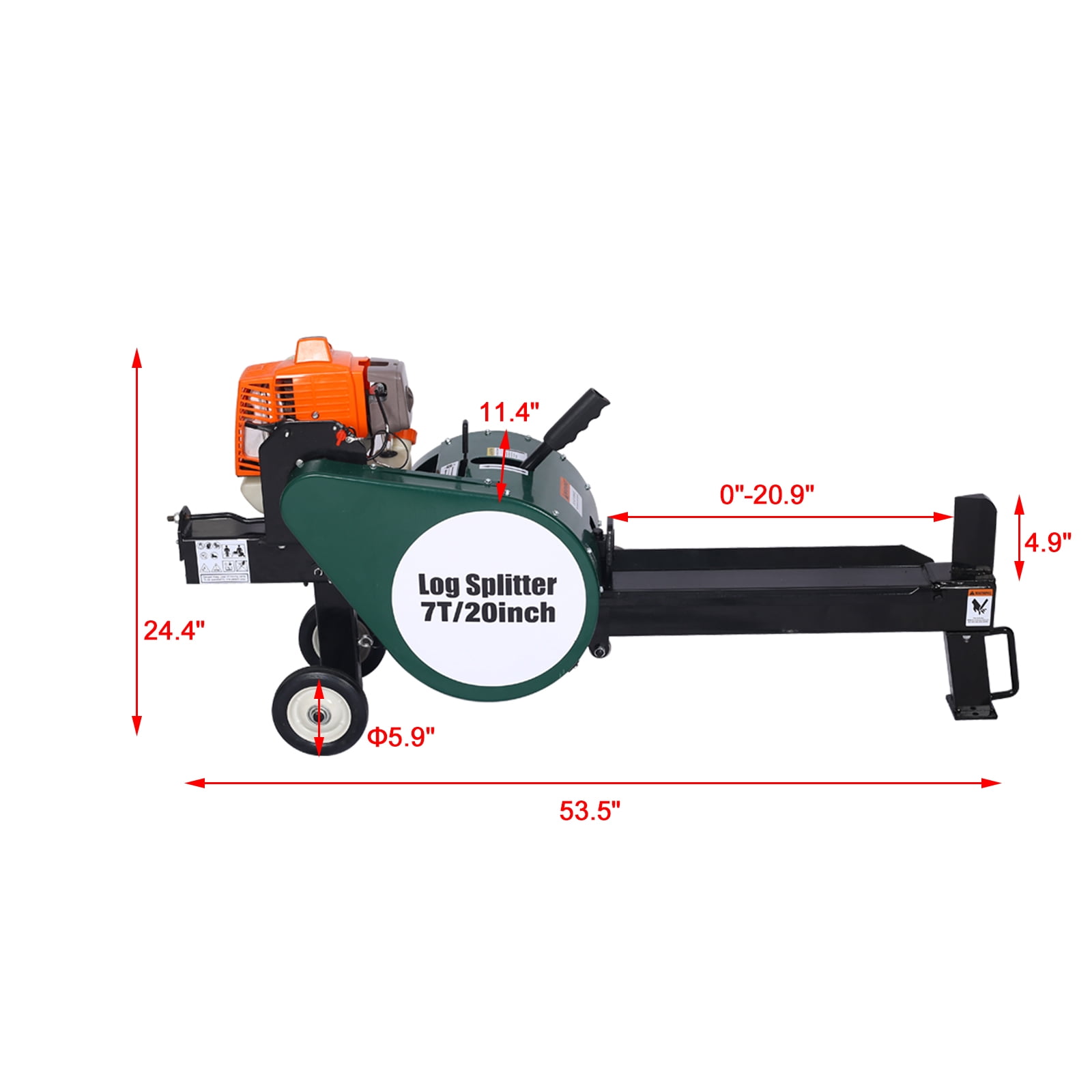 Chery Industrial 7-Ton Horizontal Gas Log Splitter, Portable 63cc Engine Firewood Processor (Green, 20 in) 1gn4c