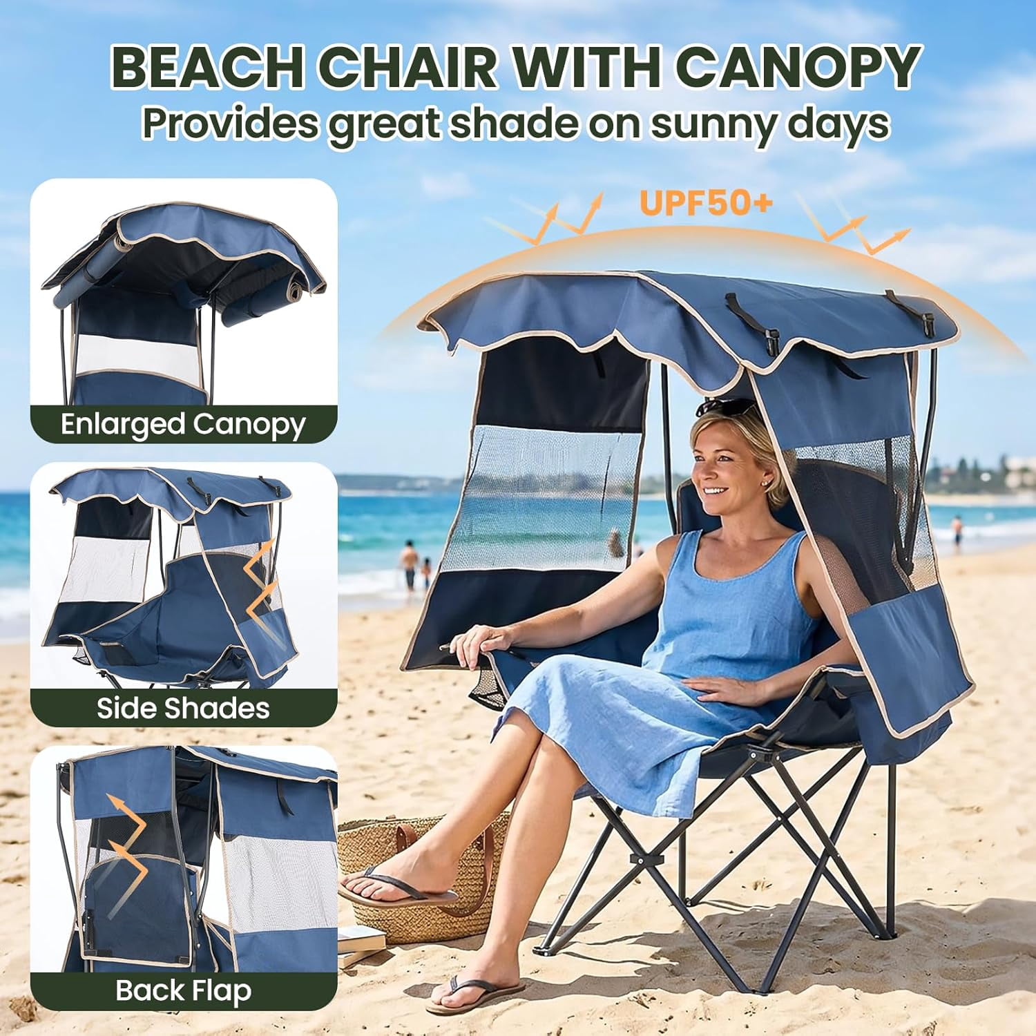 ABORON Camping Chair with Canopy, Folding Portable Beach Lounge Chair with Cooler Bag and Cup Holder (Blue, One Size) 3gkl5