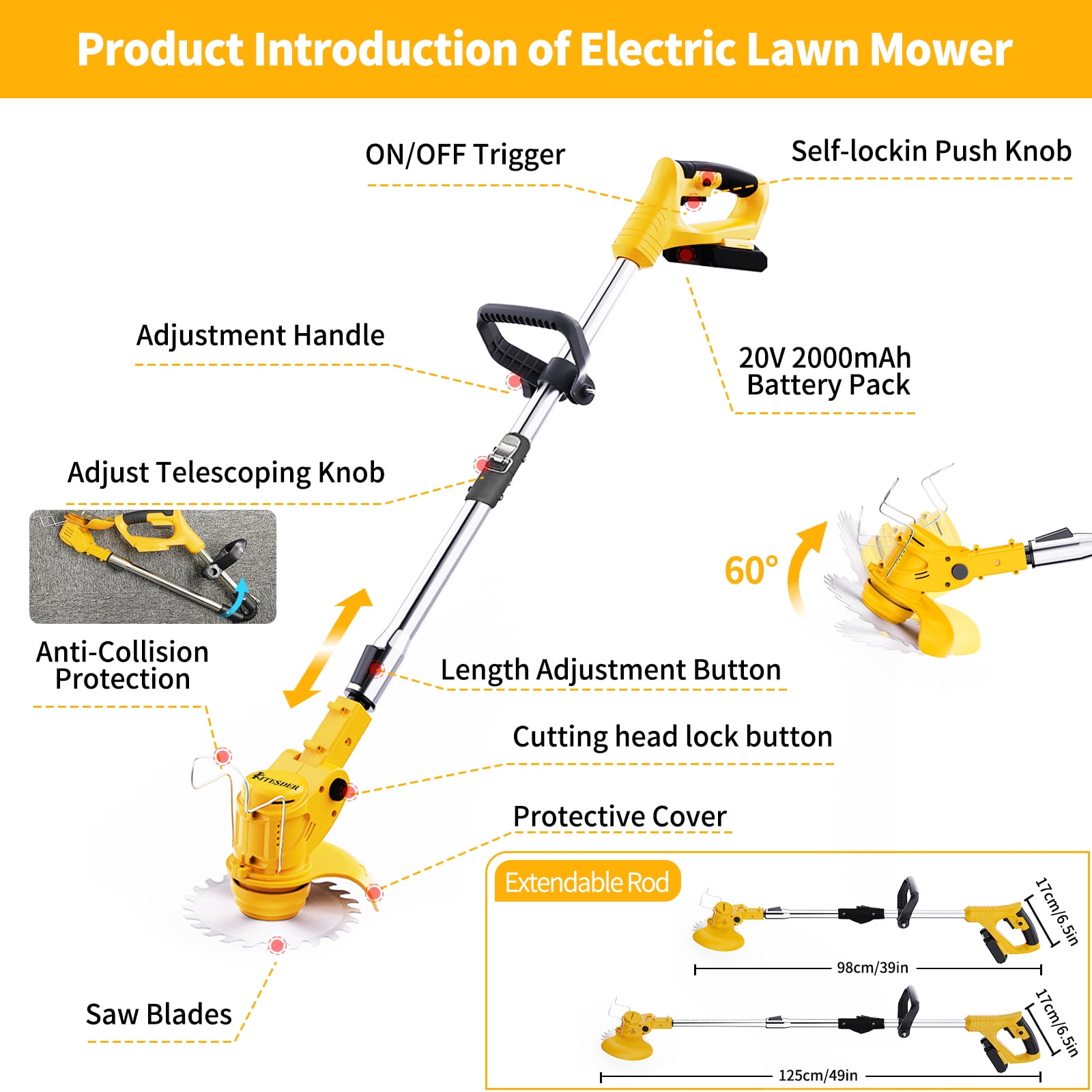 Generic Cordless Grass Trimmer, Electric Weed Eater with 4 Blades and High-Capacity Battery (Black, 1 Pack) tu8gj