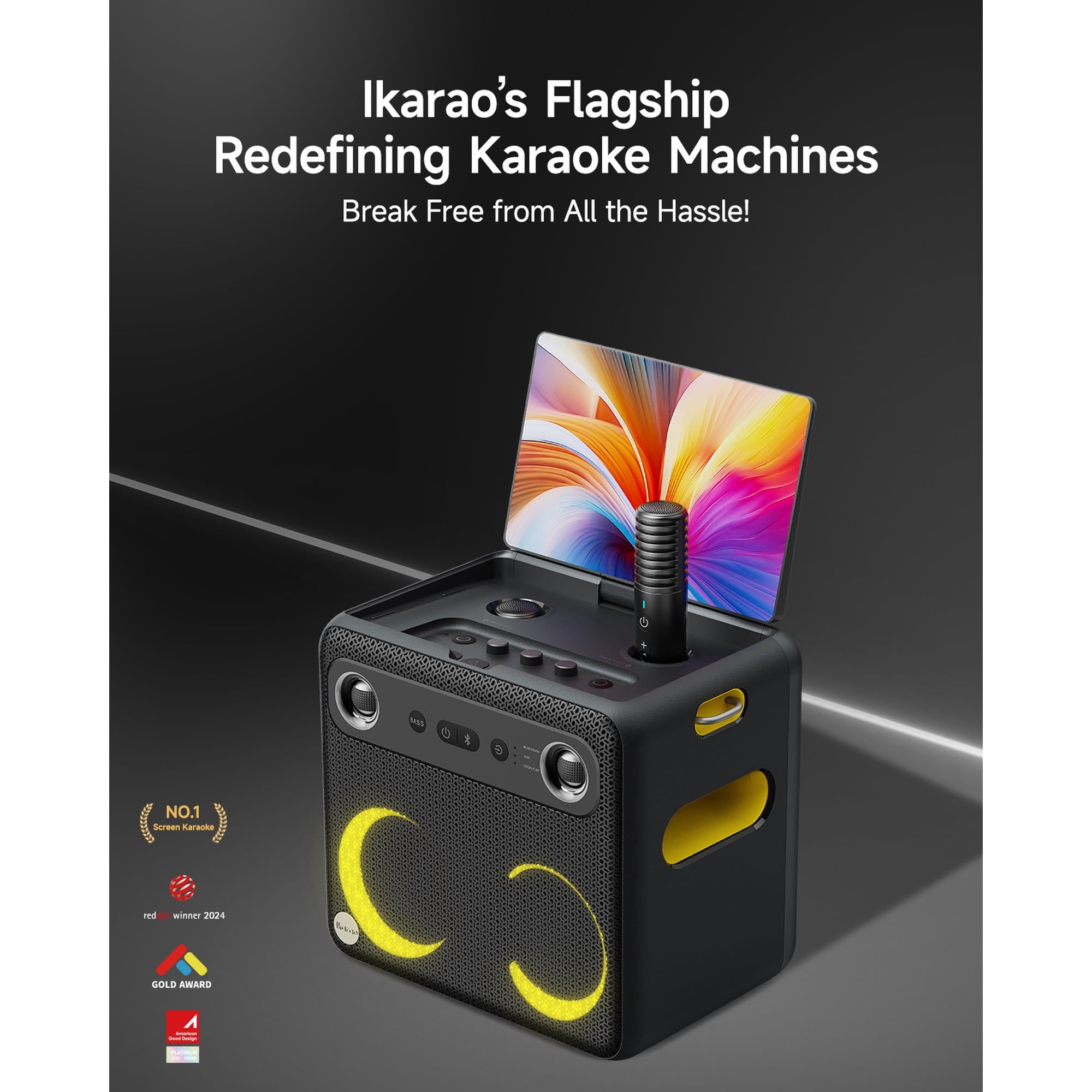 Ikarao Smart Karaoke Machine with 10.1 in Screen, 2 Wireless Microphones, Portable Bluetooth Speaker (Black) 05swp