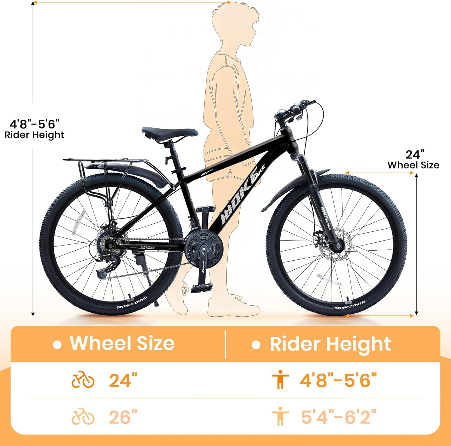 Akaber Mountain Bike, 21-Speed Drivetrain, Suspension Fork, Dual Disc Brakes, Rear Rack (Black, 24 in) ulu2t