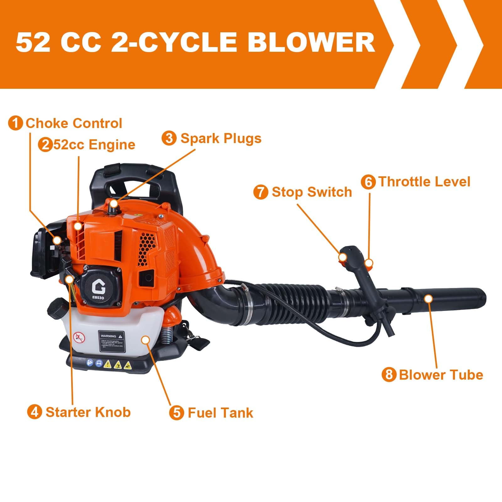Juiluna 52CC Backpack Gas Leaf Blower, 2.2 HP 780 CFM 270 MPH Professional Lawn Care Tool (Orange, 52CC) f6y8j