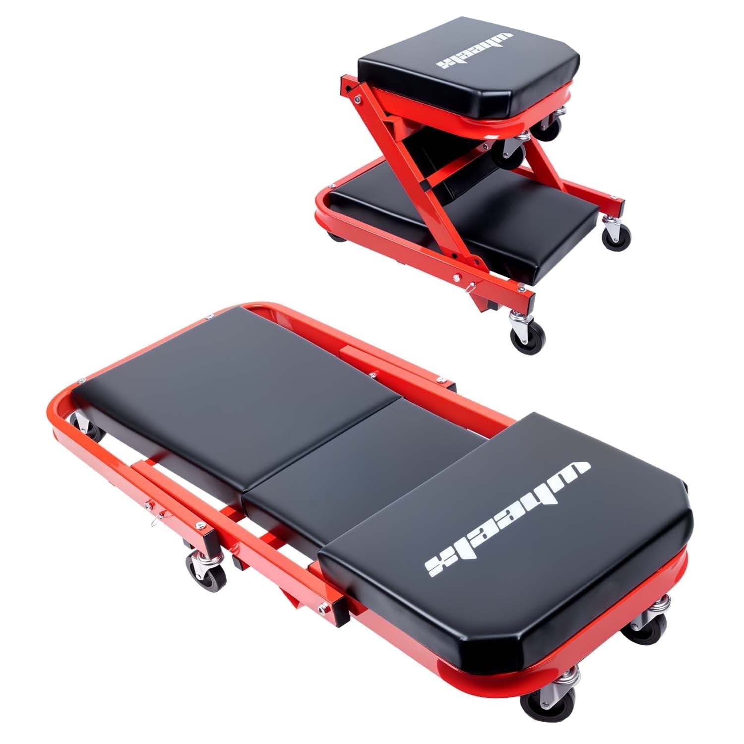 WheelX 2-in-1 Mechanic Creeper and Rolling Seat, Heavy-Duty Shop Stool with 6 Swivel Casters (Red, 40 in) 7ryqy
