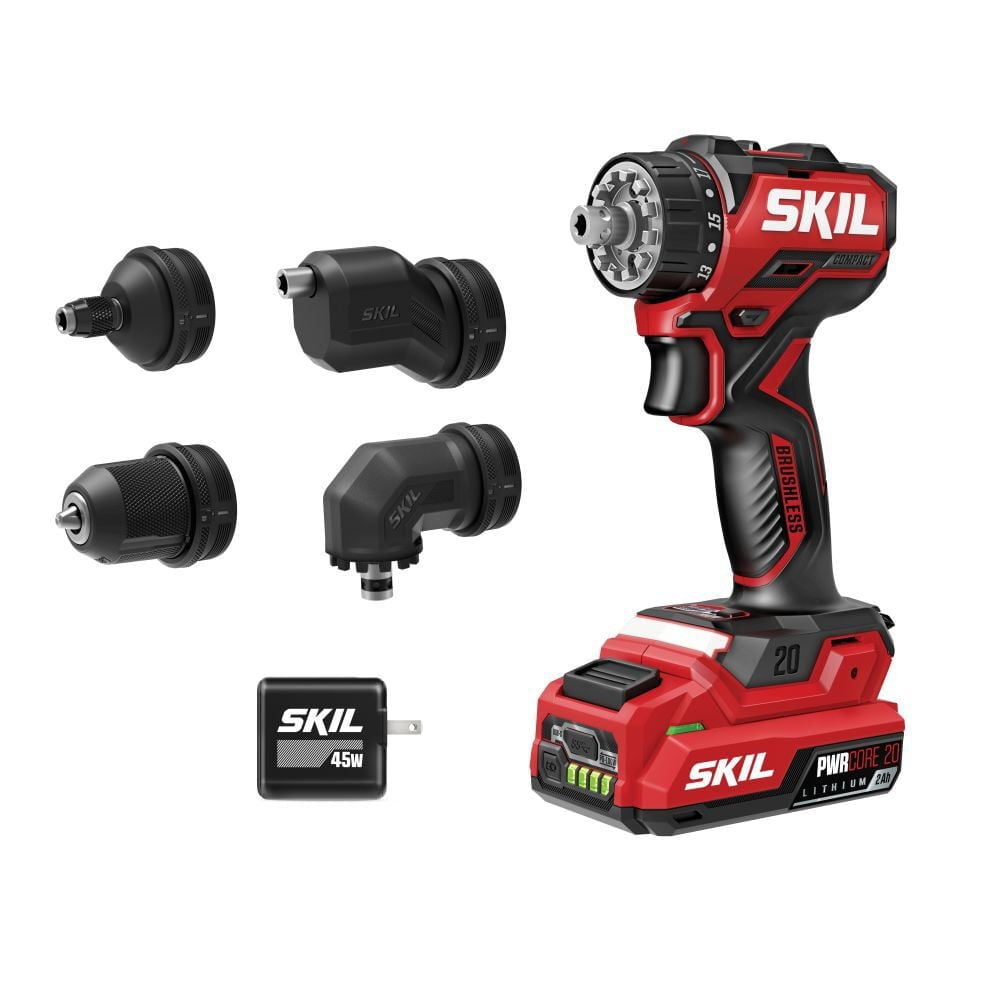 SKIL Brushless 20V Compact Multi-Head Drill Driver Kit (Red, 4-Attachment Set) yqdxn