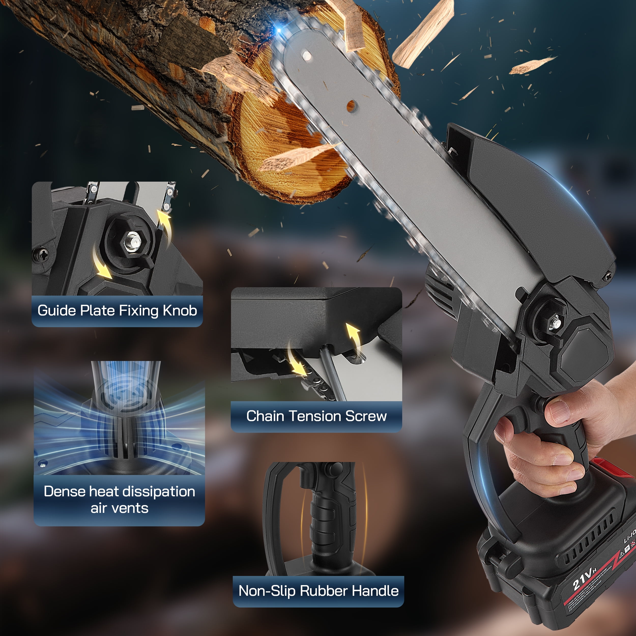 RELOIVE 8-Inch Cordless Mini Chainsaw, Electric Handheld Wood Pruning Tool with 2 Batteries and 4 Chains (8 in) a442h