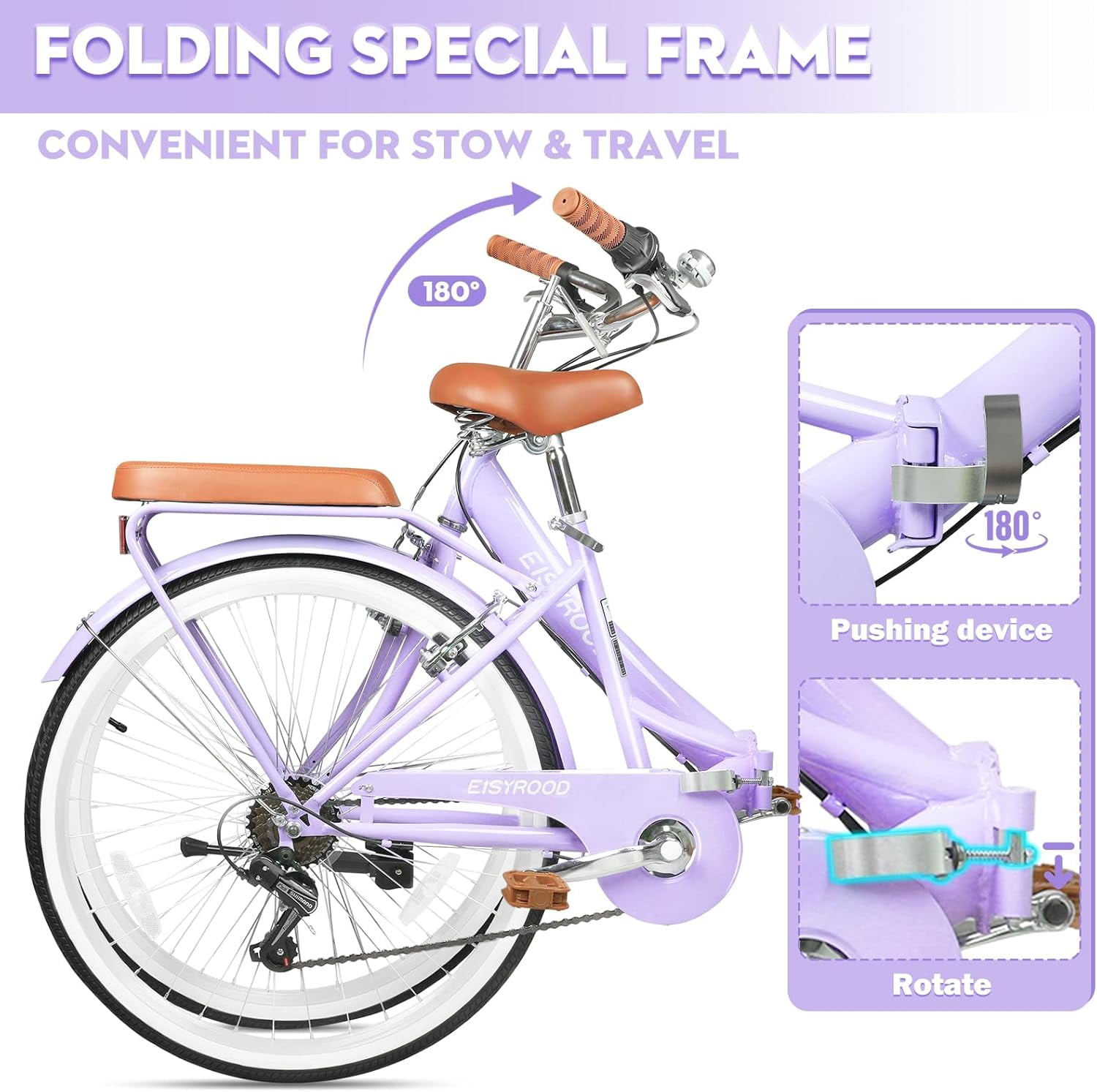 Esheno 26 in 7-Speed Folding Cruiser Bike, Lightweight Commuter Bicycle with Adjustable Seat (Purple, 26 in) 1qf4p