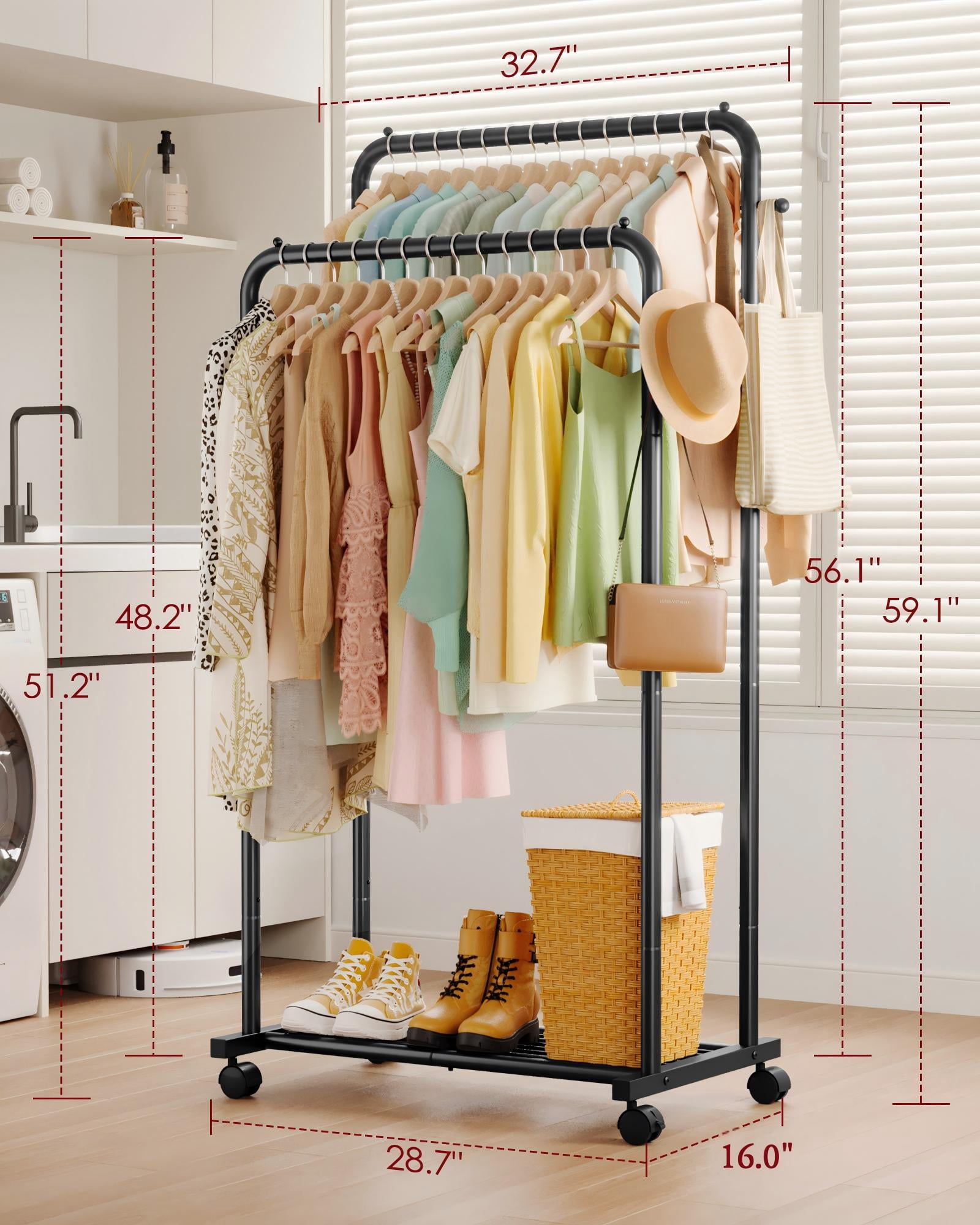 Sakugi Double-Rod Garment Rack with Hooks and Mesh Shelf, Heavy-Duty Rolling Clothing Organizer for Bedroom and Laundry (Black, 32.7 in x 16 in x 59.1 in) zesaf