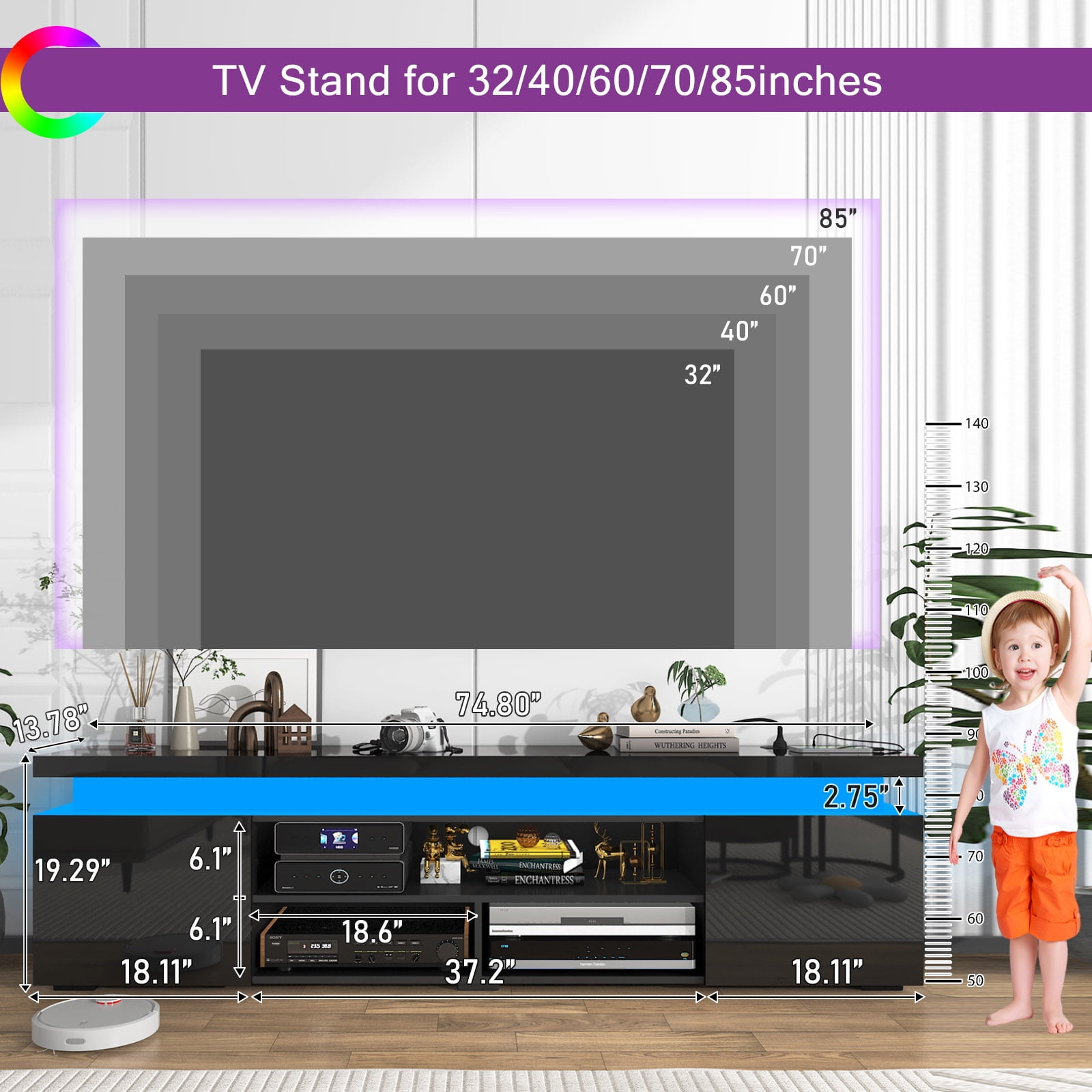 Chvans LED TV Stand for 85 in TVs with Power Outlet and RGB Lighting (Black, 75 in) 0xixa