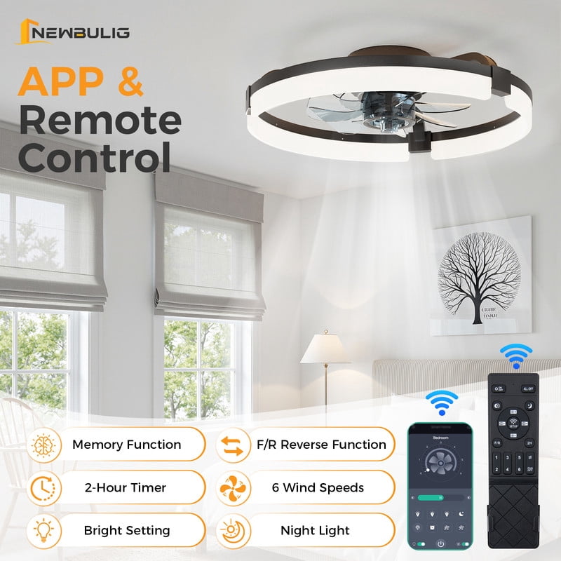 Gianna Low Profile Ceiling Fan with LED Lights, Dimmable Flush Mount Fandelier, 6-Speed Reversible Motor, App Control (Black, 19.7 in) f3z76