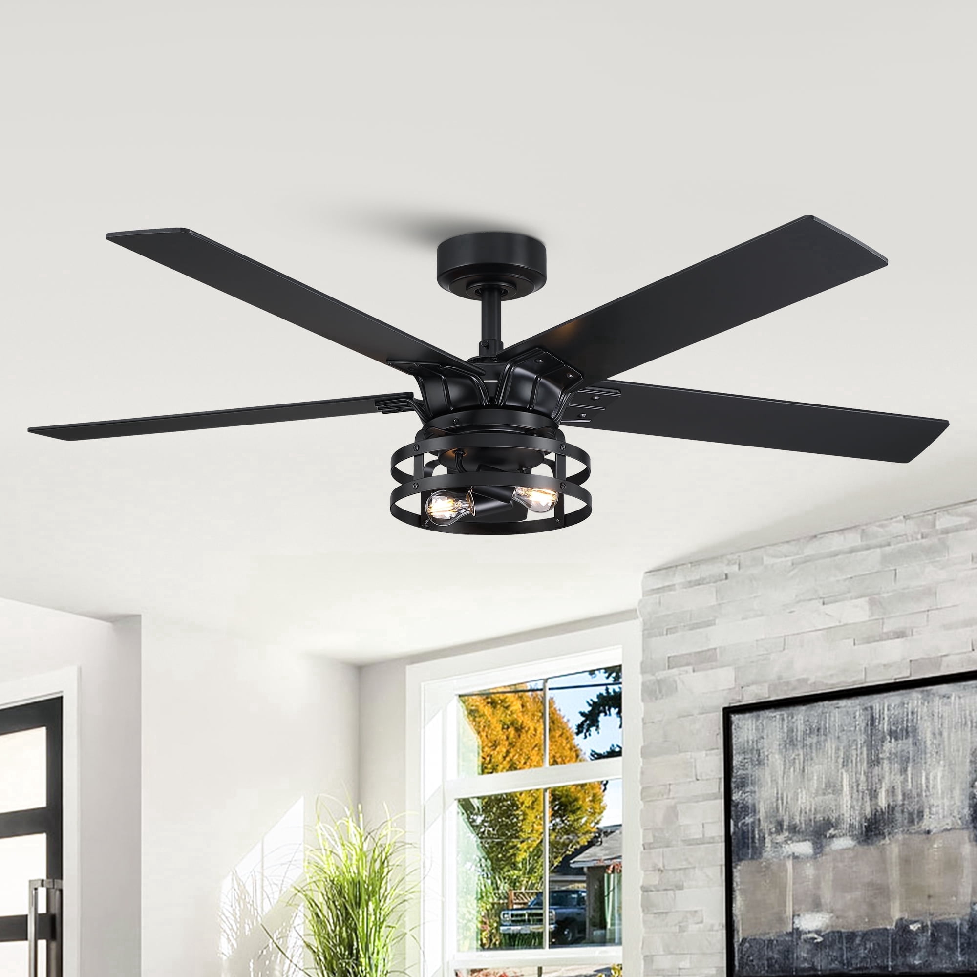 Parrot Uncle 52 in Farmhouse Caged Ceiling Fan with Remote and Light Kit (Black and Cherry, 52 in) lfe88