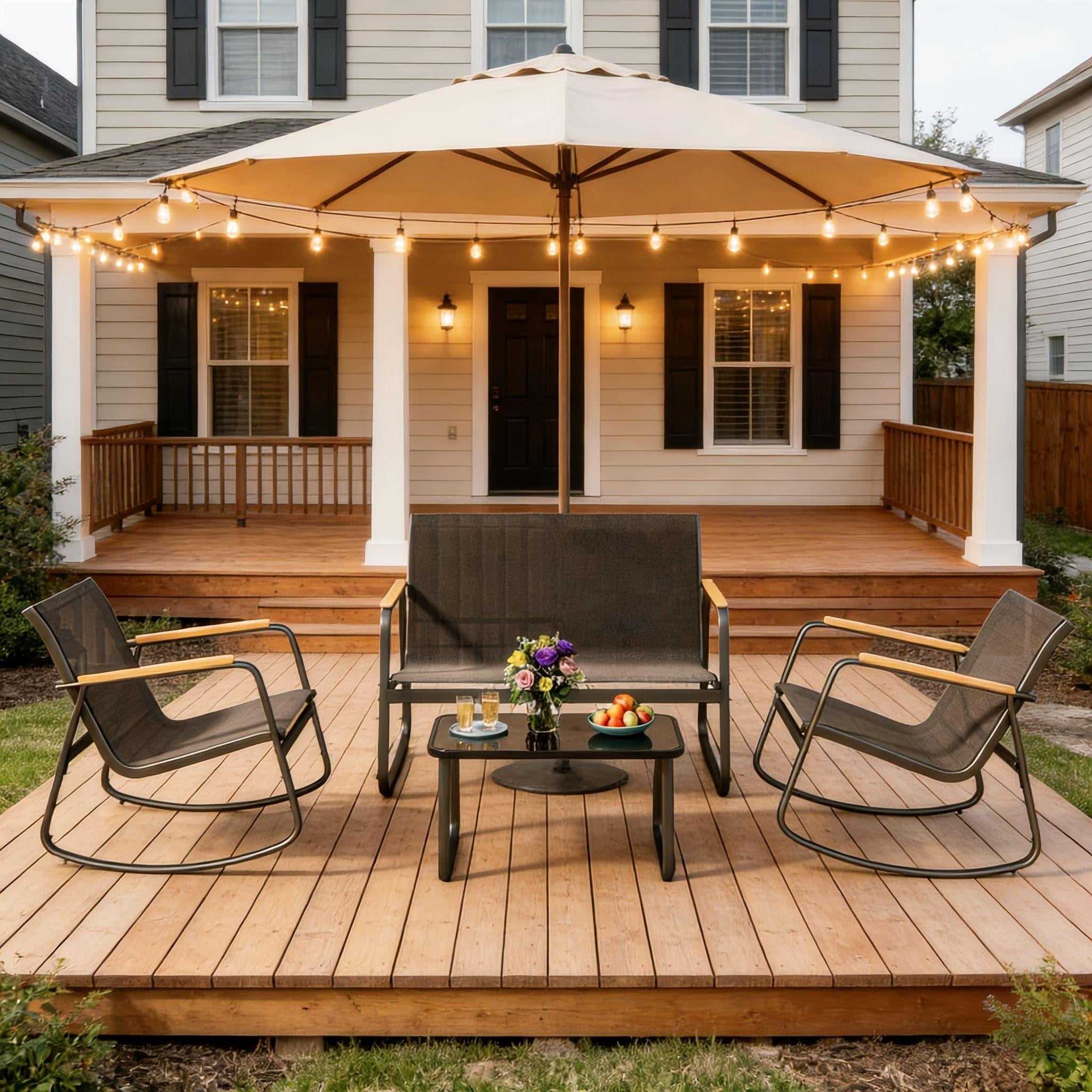Jolifa 4-Piece Outdoor Conversation Set with Rocking Chairs and Coffee Table (Black, 4-Piece Set) 7cuwo