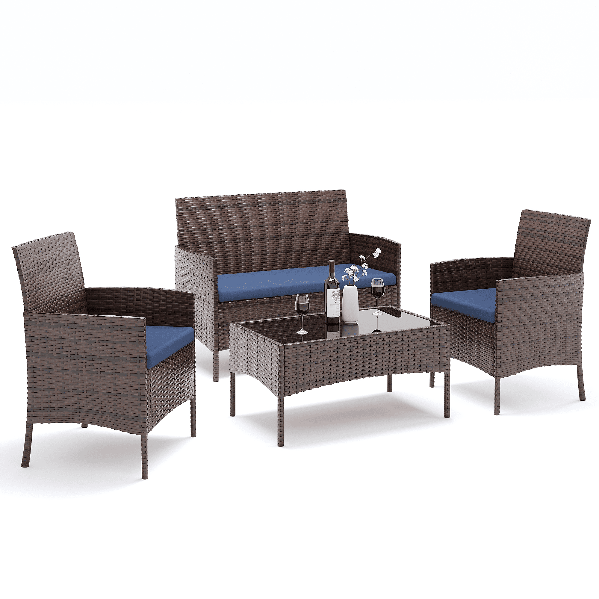 HOYOA 4-Piece Patio Rattan Conversation Furniture Set with Cushions (Brown/Blue, 4-Piece Set) 7gy97