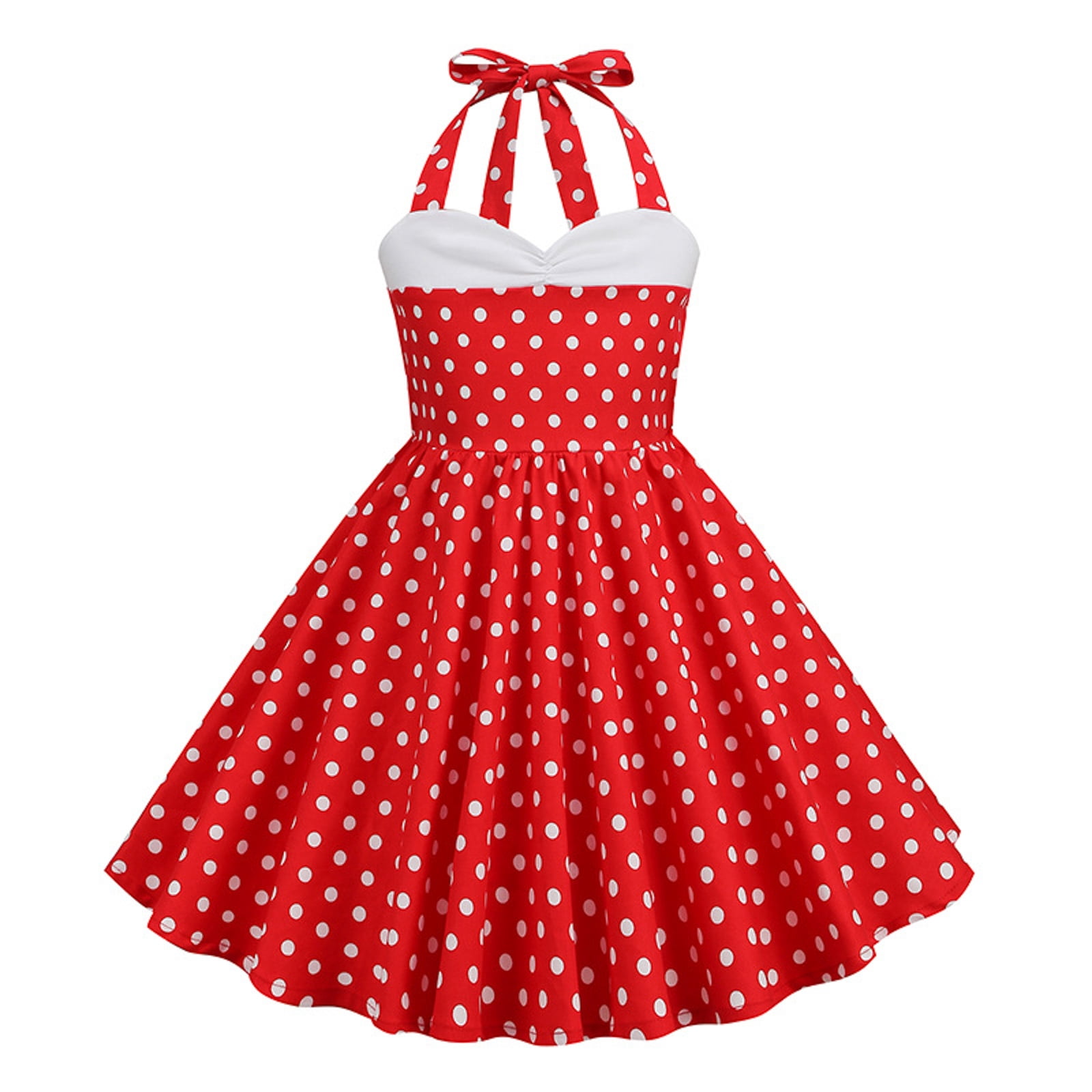 YDFCWXW Girls 1950s Vintage Retro Polka Dot Halter Swing Dress (Red, 9-10 Years) l7dir
