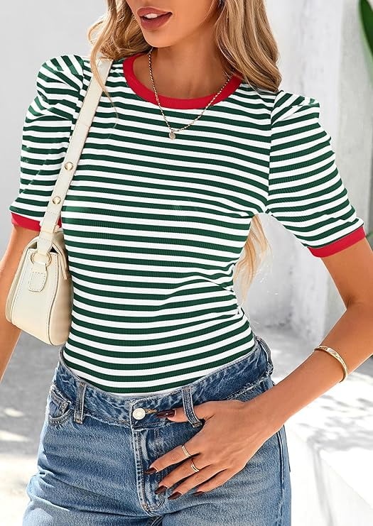 PRETTYGARDEN Women's Summer Puff Sleeve Crop Top Ribbed Knit Color Block Striped Shirt (Green, M) qljkp