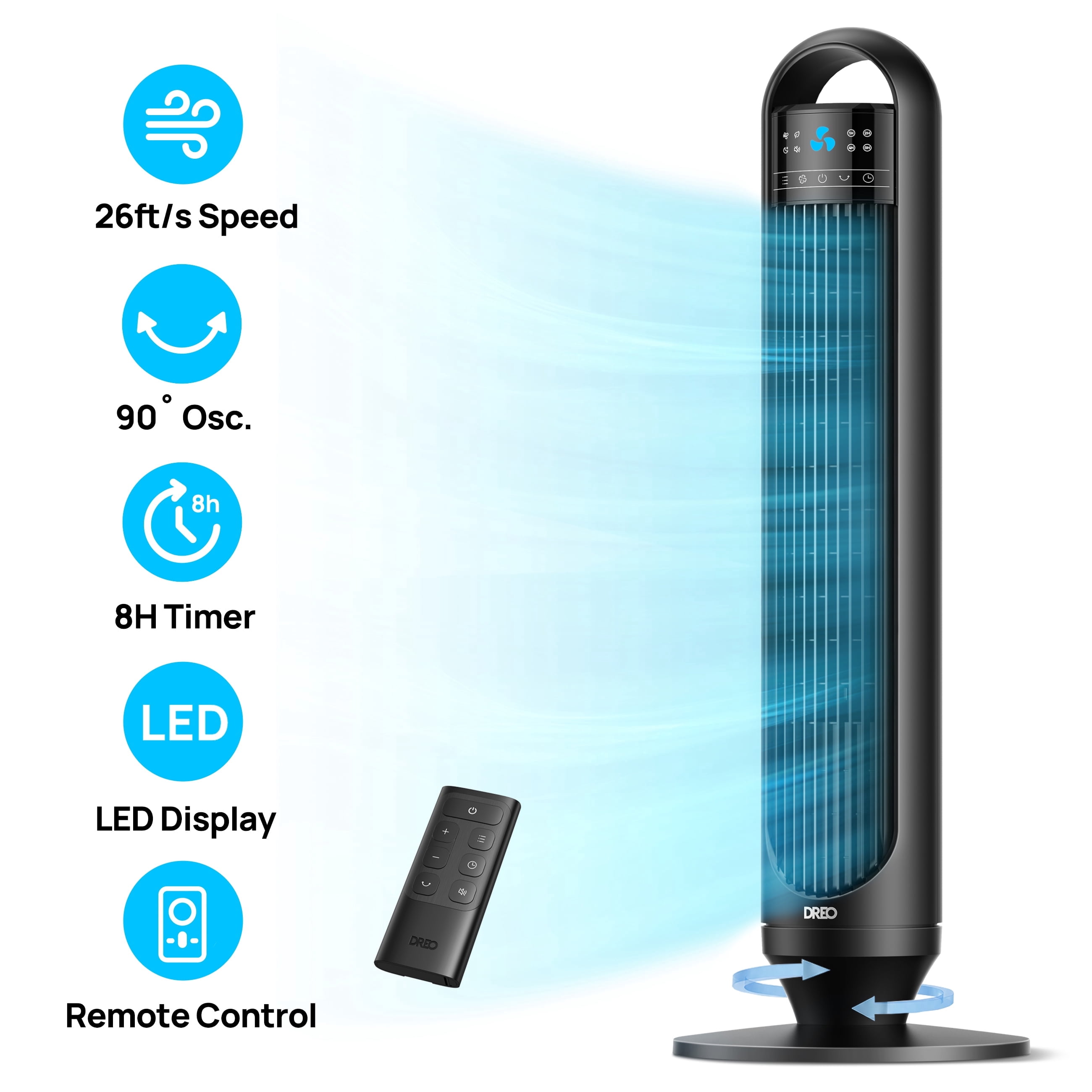 DREO Tower Fan for Home, 32 in Standing Floor Fan with Remote, 90° Oscillating Bladeless Fan, 3 Speeds, Quiet Operation (Black, 32 in) 2j6mi