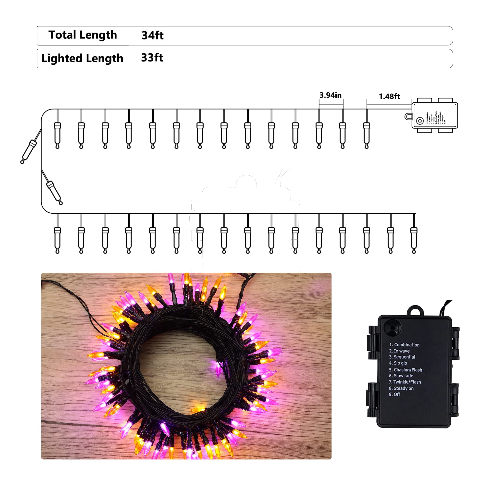 Tetou Halloween String Lights, 100 LED Waterproof Decorative Lights with 8 Lighting Modes and Timer (Orange, 33 ft) o4tvf