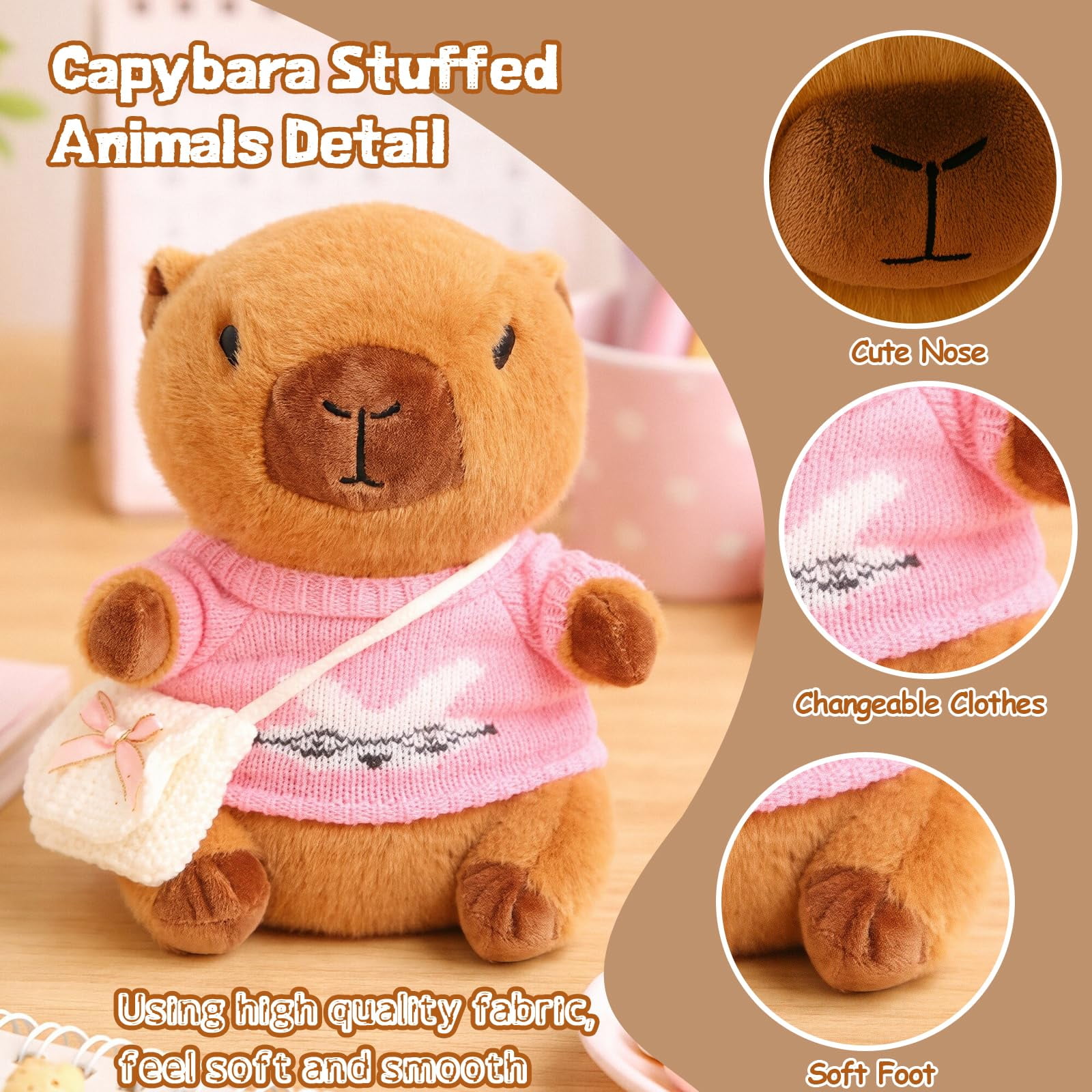 YSZZYSM Capybara Plush Toy with 9 Changeable Outfits and Accessories (Pink, 10.2 in) rcdmg