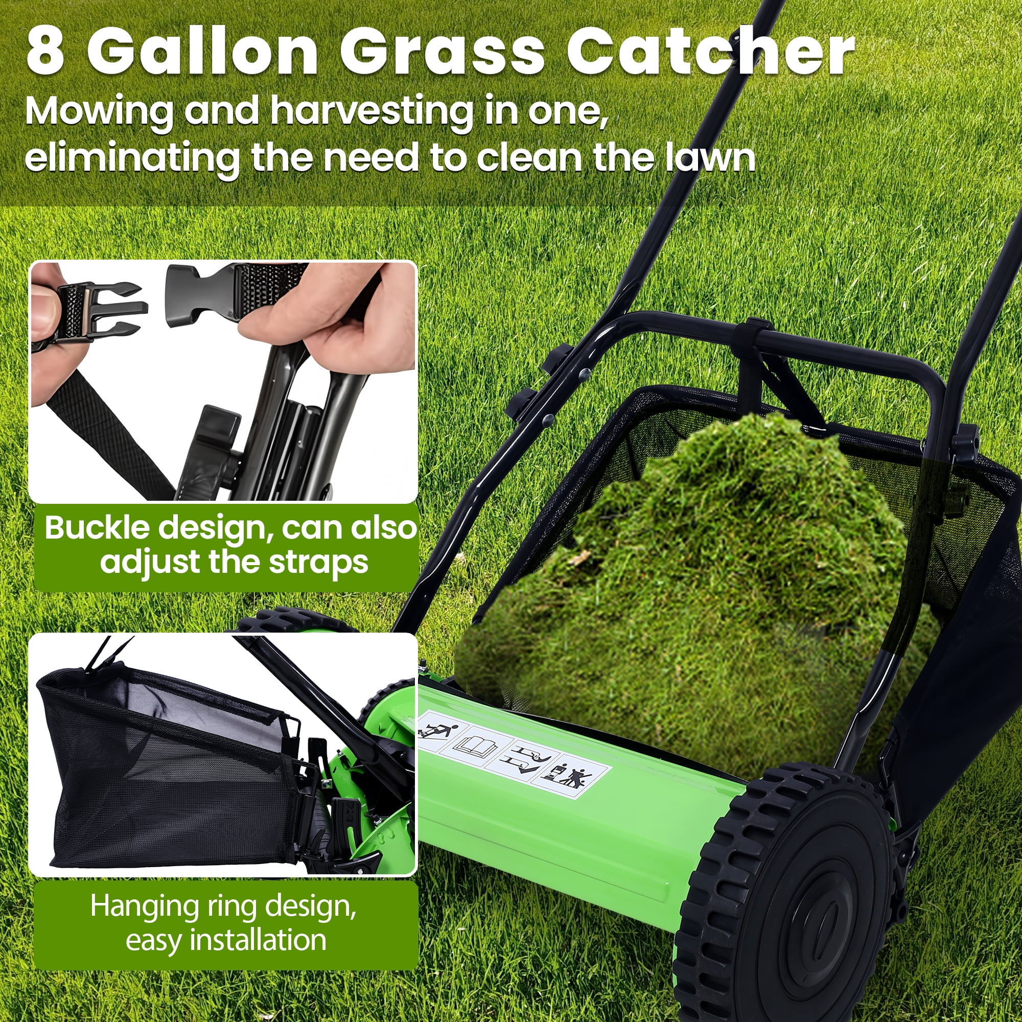Seizeen 14-Inch Manual Reel Lawn Mower with Grass Catcher (5-Blade, Adjustable Height 0.6-1.8 in, Green) kbz66