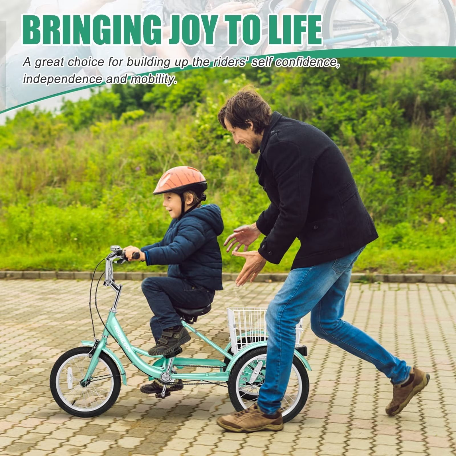 Lilypelle 3-Wheel Tricycle for Kids and Adults, Stable Cruiser Bike with Rear Storage Basket (Cyan, 16 in) yvct6