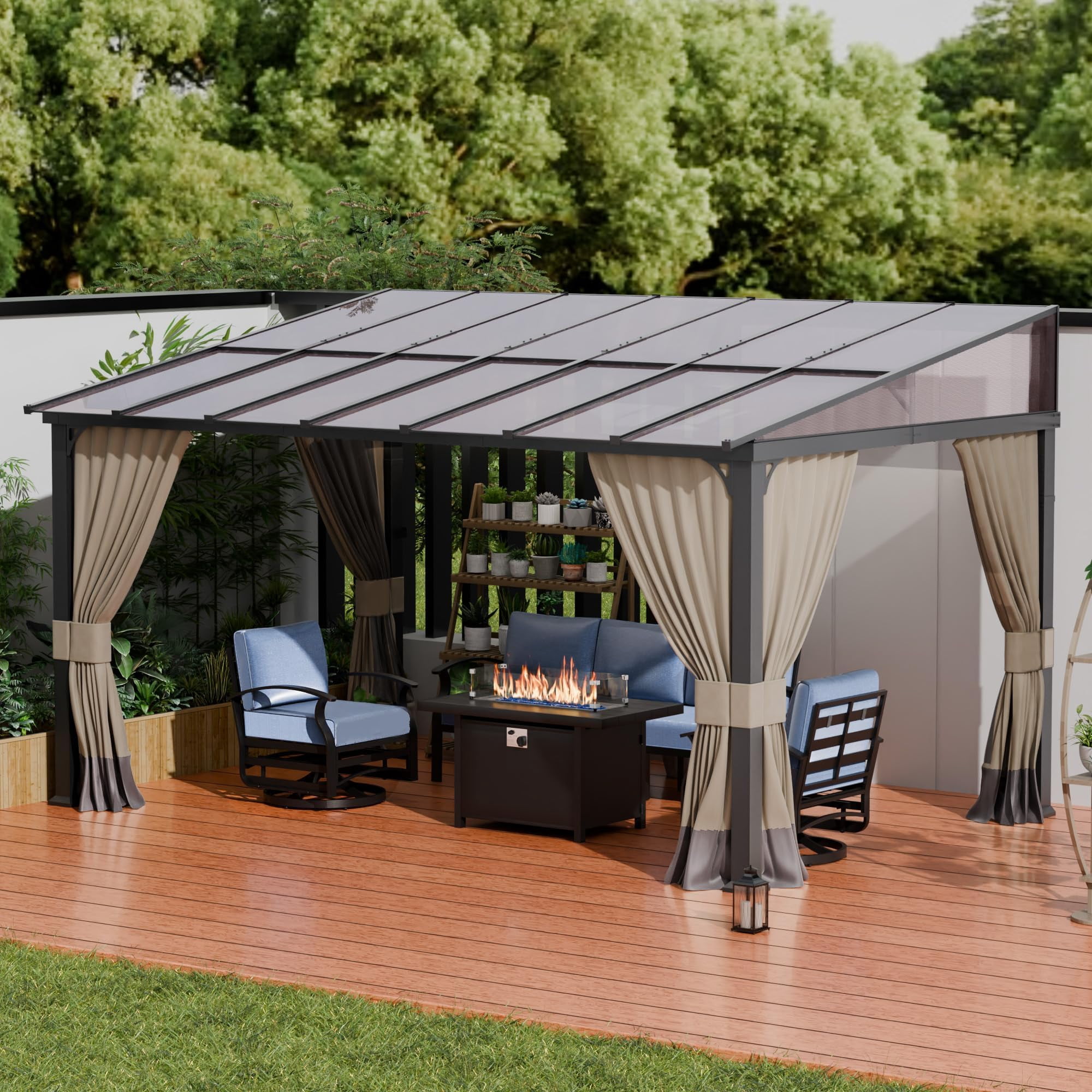 ALAULM Wall Mount Hardtop Gazebo with Curtains and Netting, Outdoor Patio Pergola (Sand, 10 ft x 14 ft) d3rk4