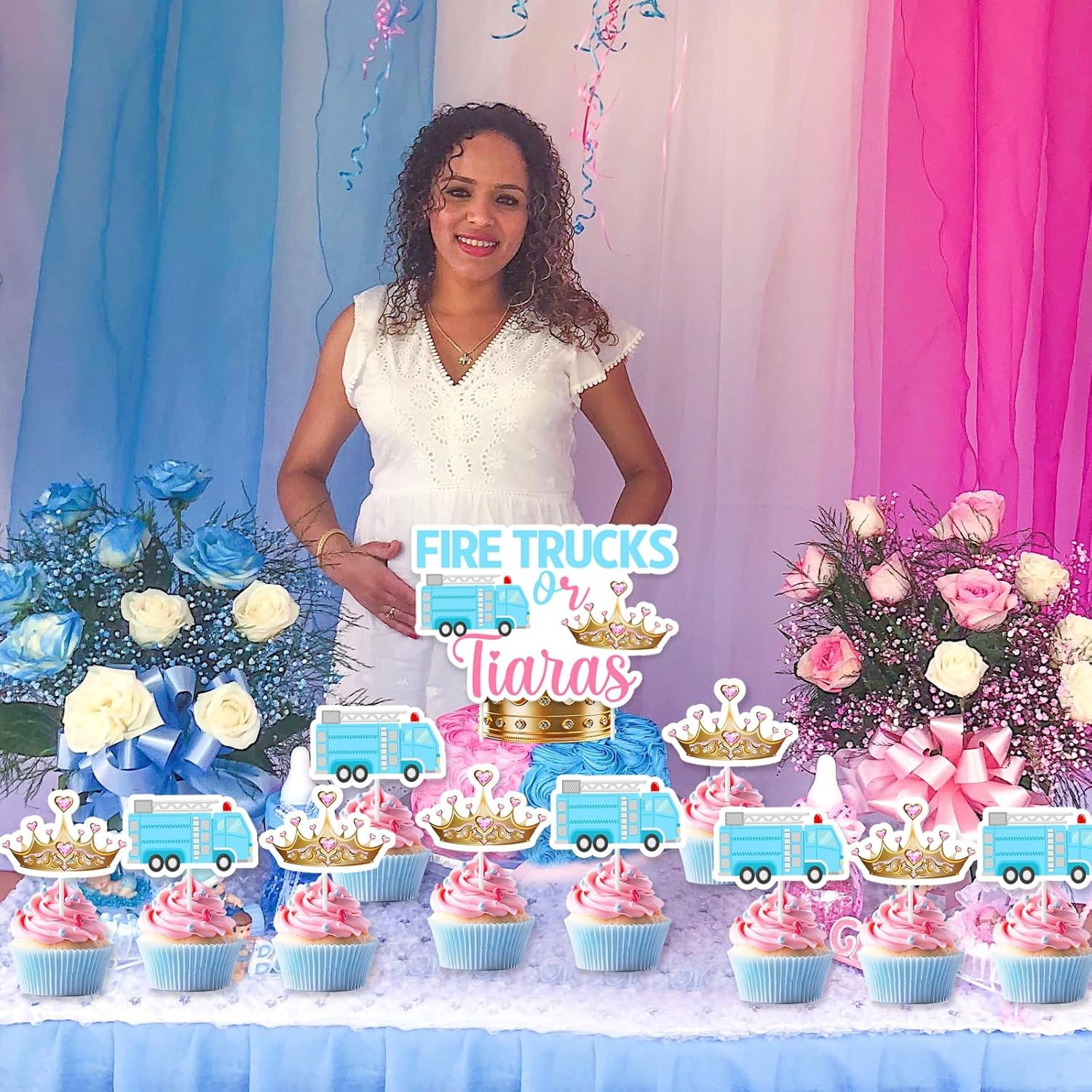 Wonmelody Fire Trucks or Tiaras Gender Reveal Cake Toppers Set (25 Pieces) 783ax