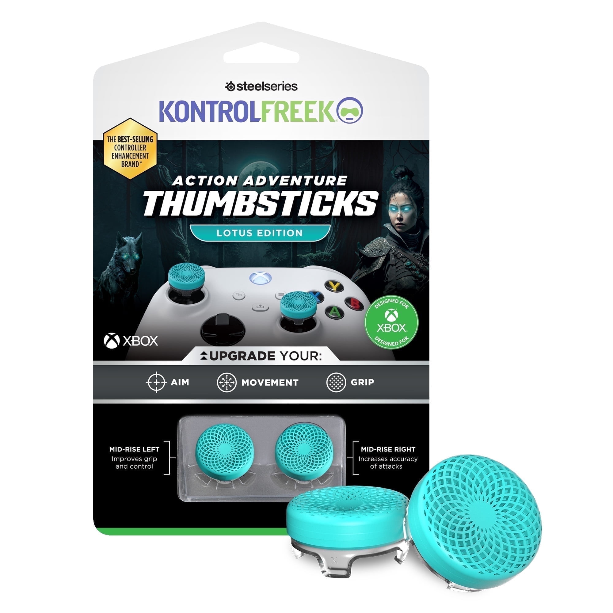 KontrolFreek Lotus Performance Thumbsticks for Xbox Controller (Mid-Rise Concave, Teal/Clear, 2 Pack) qrfe8