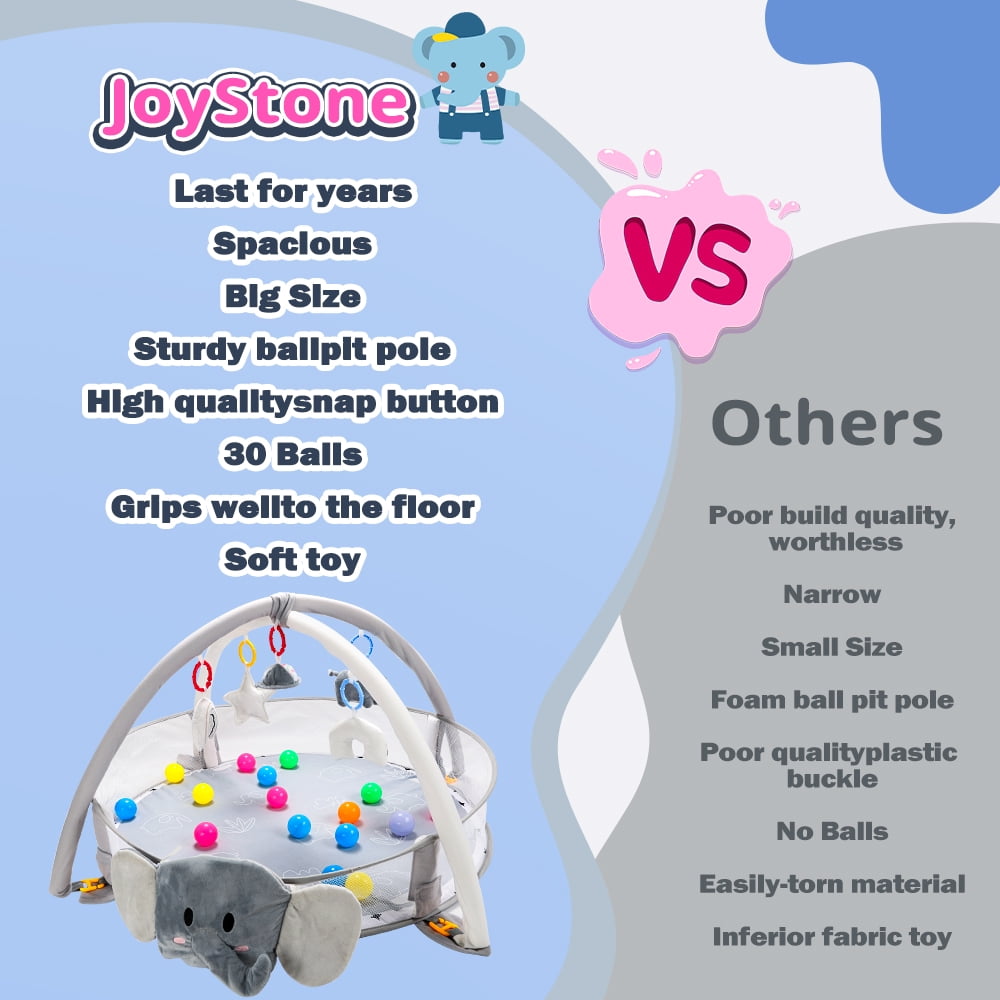 JoyStone 5-in-1 Elephant Baby Gym Play Mat with 30 Balls, Sensory Tummy Time Activity Center (Grey) 396w7