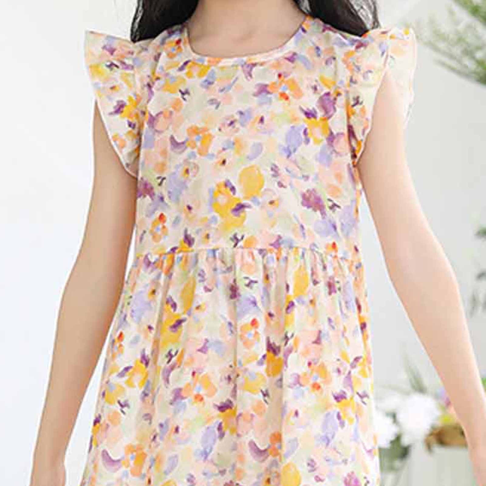 HAOTAGS Girls Summer Dress Flutter Sleeve Graphic Print Casual Playwear (Yellow, 4-5 Years) hz4vf