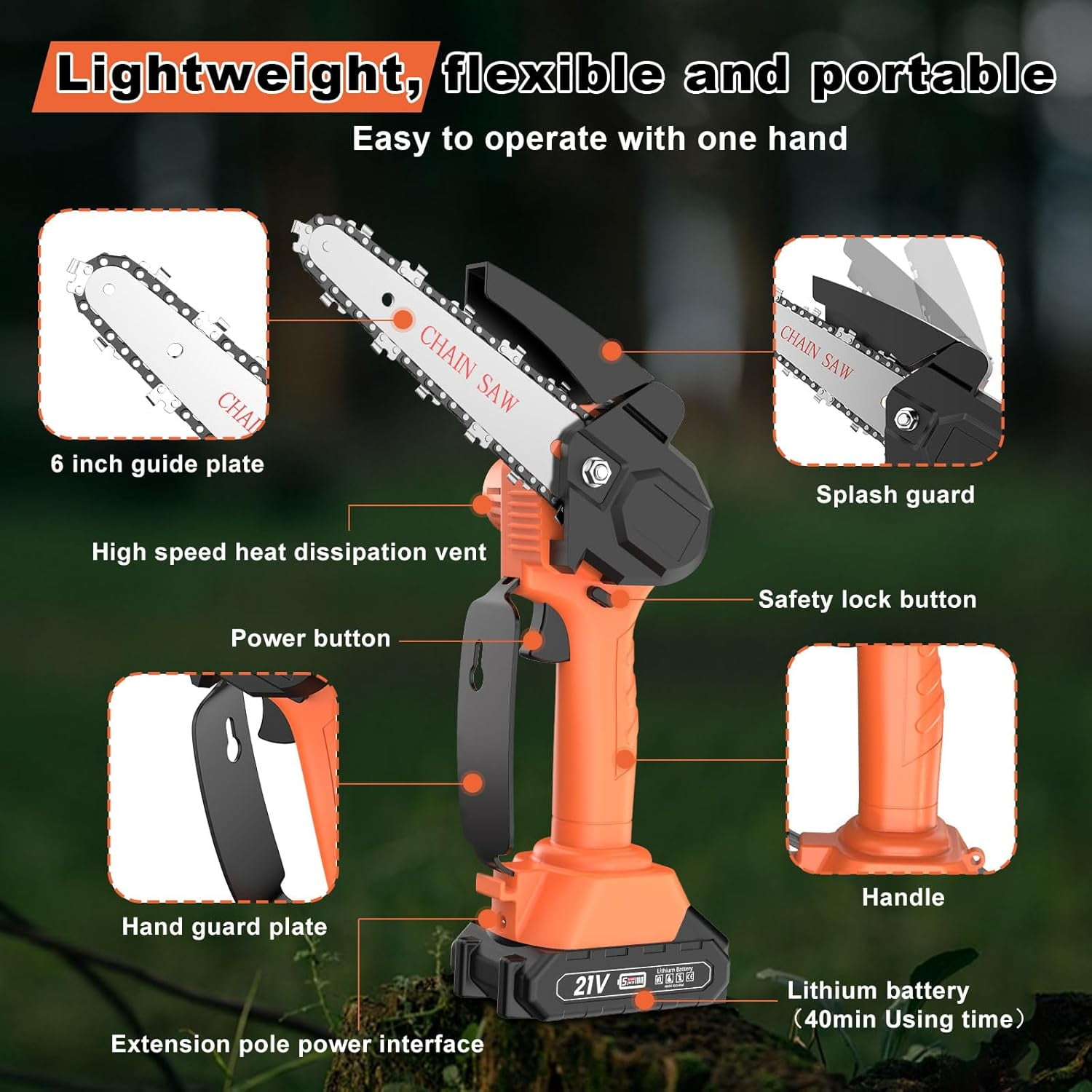 LEXKUYI Cordless Pole Saw and Mini Chainsaw 2-in-1 Electric Tree Trimmer (Black, 6 ft) ma5ut