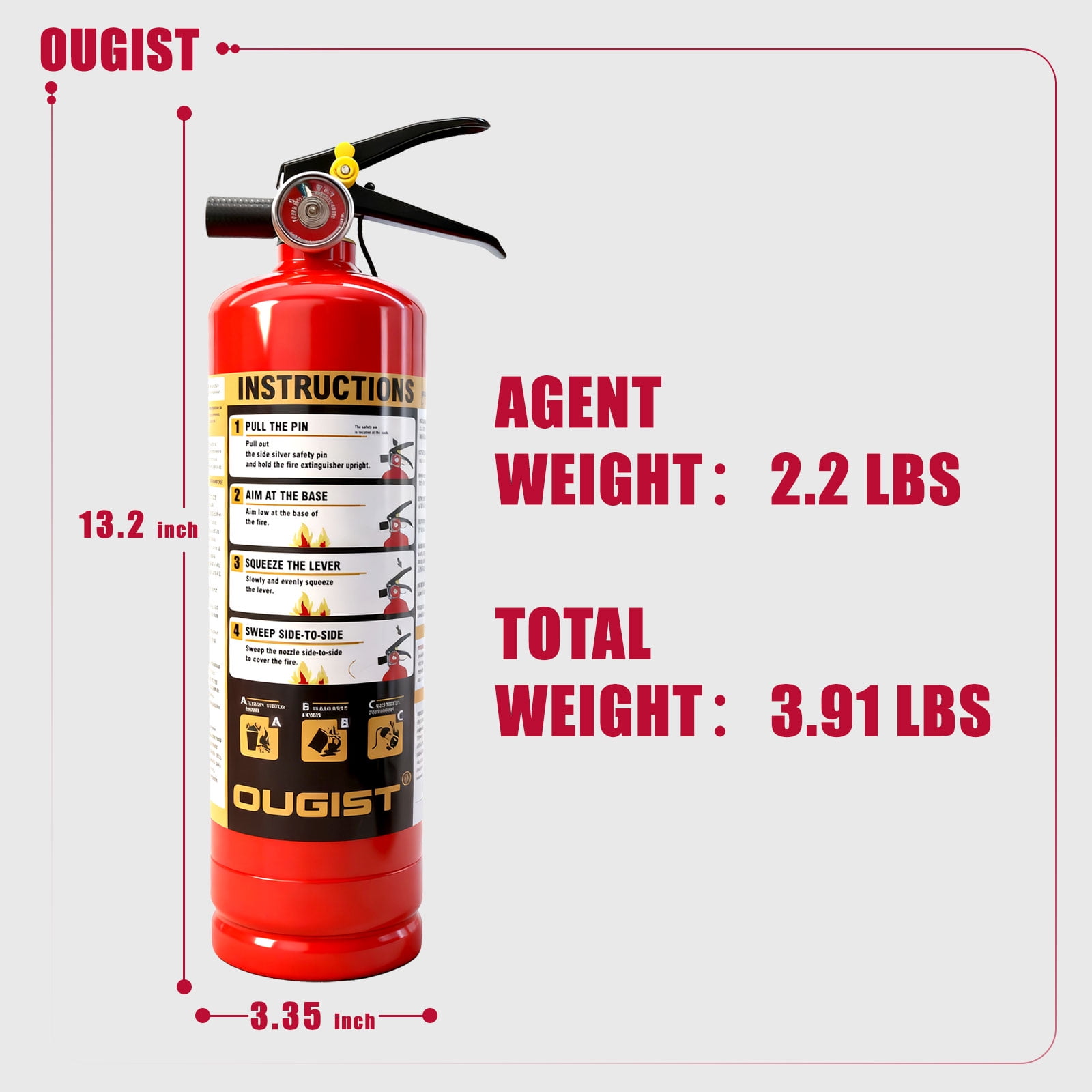 Ougist ABC Fire Extinguisher for Home and Vehicle, Multi-Purpose Dry Chemical Safety Device (Red, 2.5 lb) gfka7