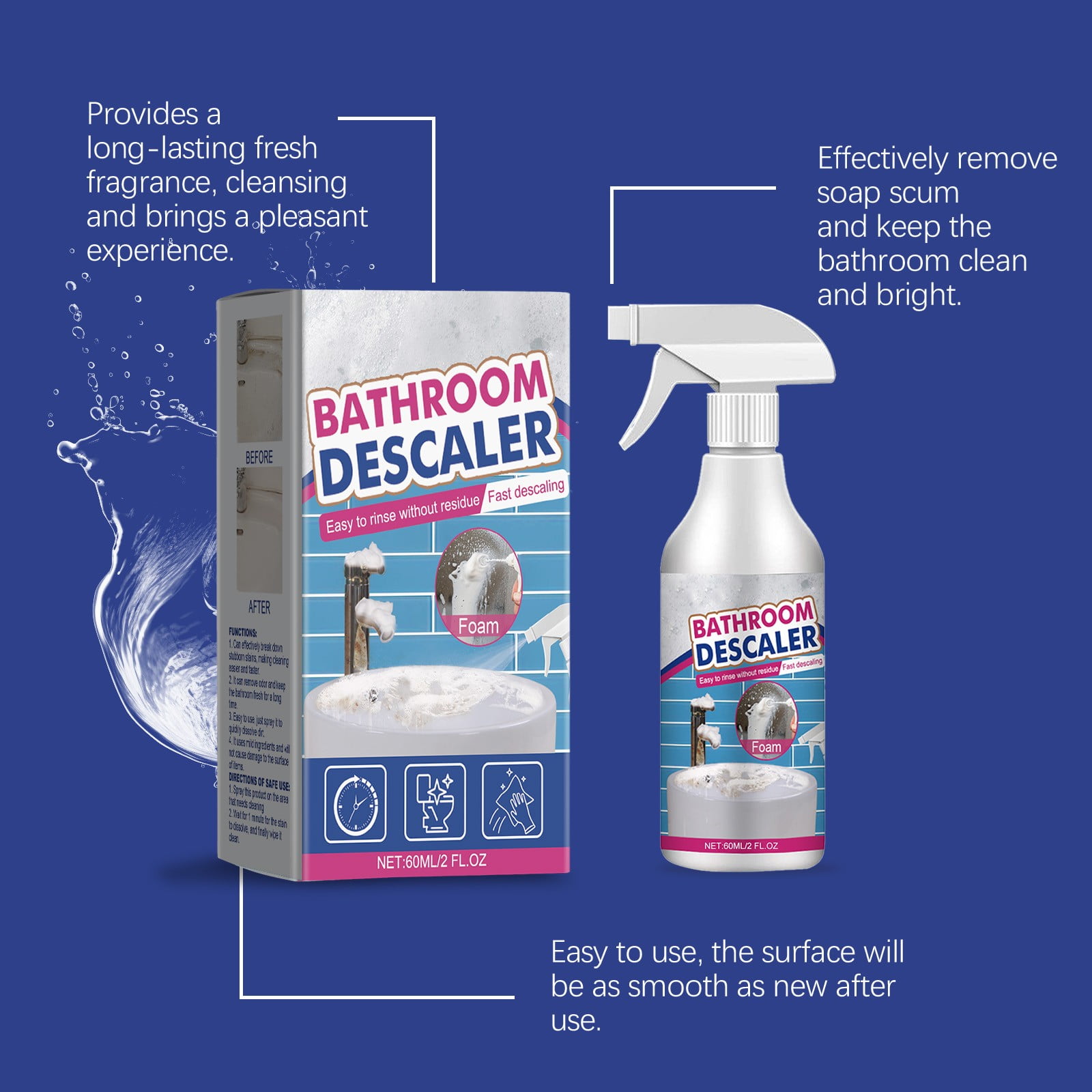Fankiway Bathroom Cleaner & Descaler, Heavy-Duty Hard Water Stain Remover for Shower Doors, Faucets, and Tiles (2.03 fl oz) 4k3u2