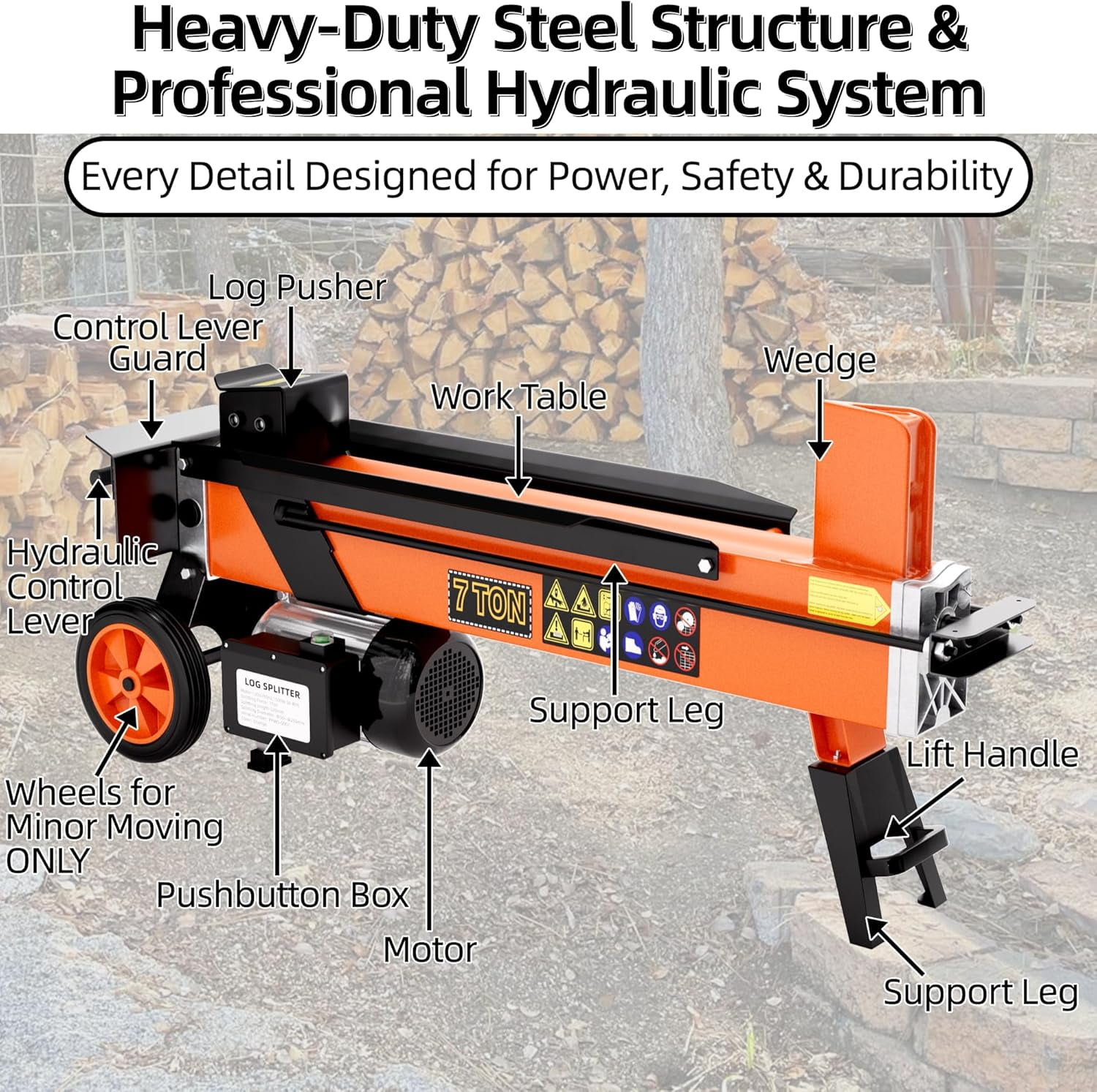 Generic 7 Ton Electric Log Splitter, 15Amp Hydraulic Wood Splitter, Heavy-Duty Horizontal Firewood Processor (Orange, 21.2 in) 649ua