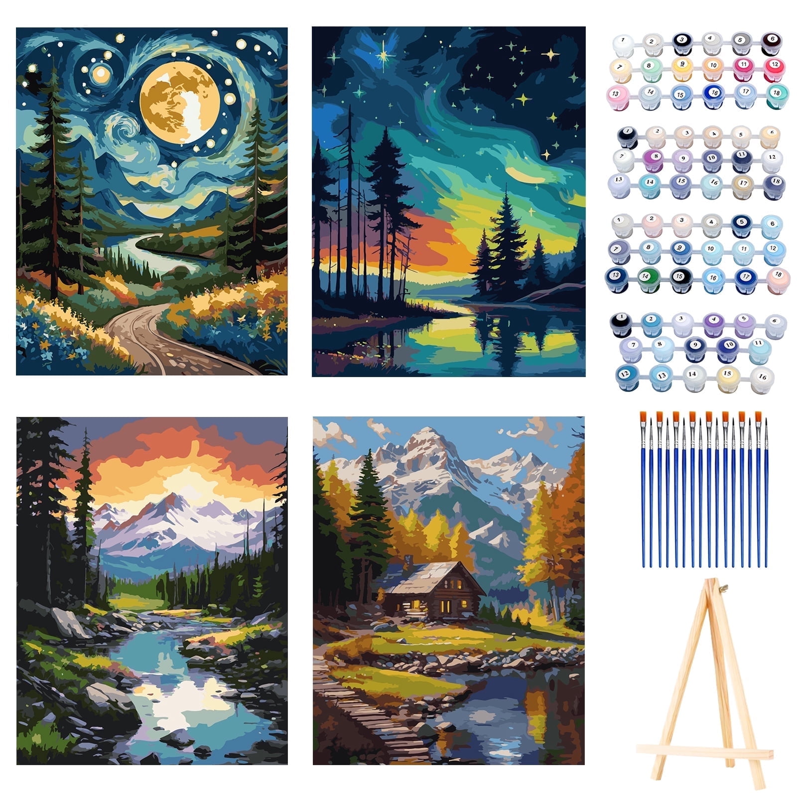 Qoosea Paint by Numbers Kit for Adults with Frame and Wooden Easel, DIY Landscape Art Set (4 Pack, 11.8 in x 9.4 in) wa0uo