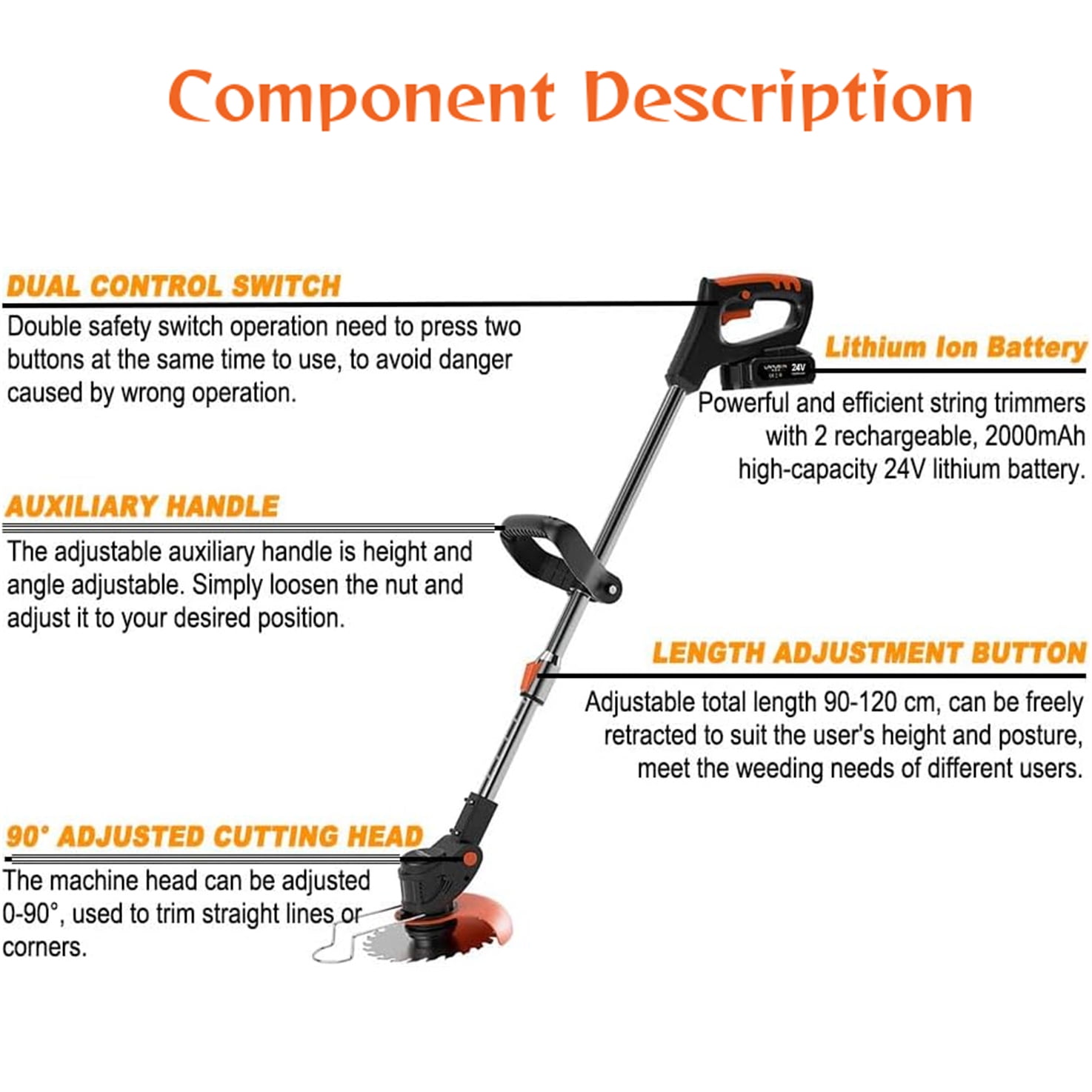 Bikkii Electric Cordless Grass Trimmer, Weed Wacker Lawn Edger with Wheels (Adjustable 35.4 in - 47.2 in) voglv