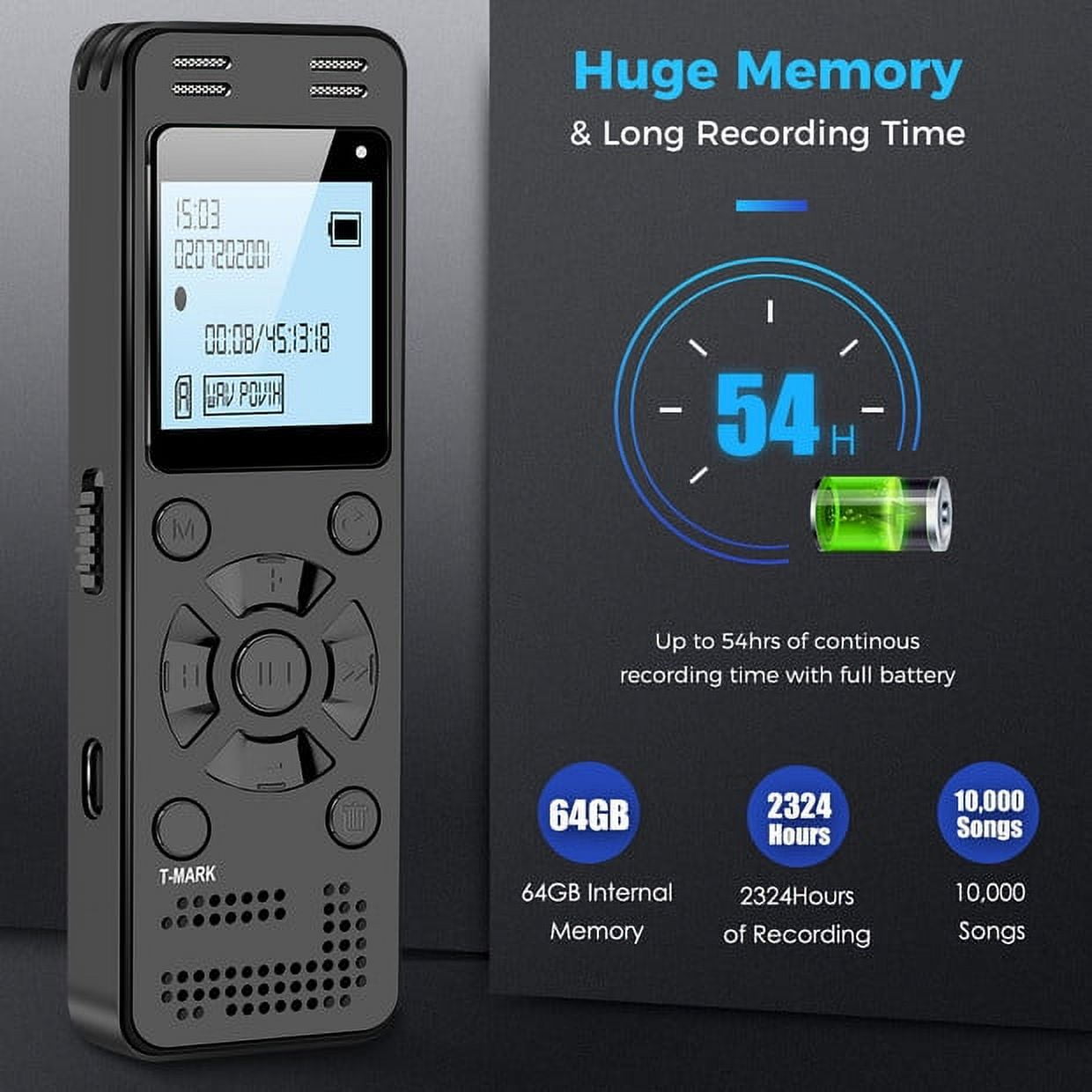 RONY 64GB Digital Voice Recorder, Noise Cancelling Voice Activated Recording Device with Playback (Black, 64GB) qqh1l