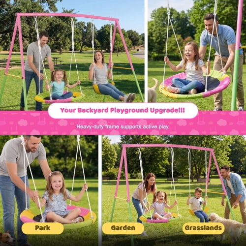 Kdymod Heavy Duty Metal A-Frame Swing Set with Saucer Disc and Belt Seat (Pink, 440 lb Capacity) sizrv