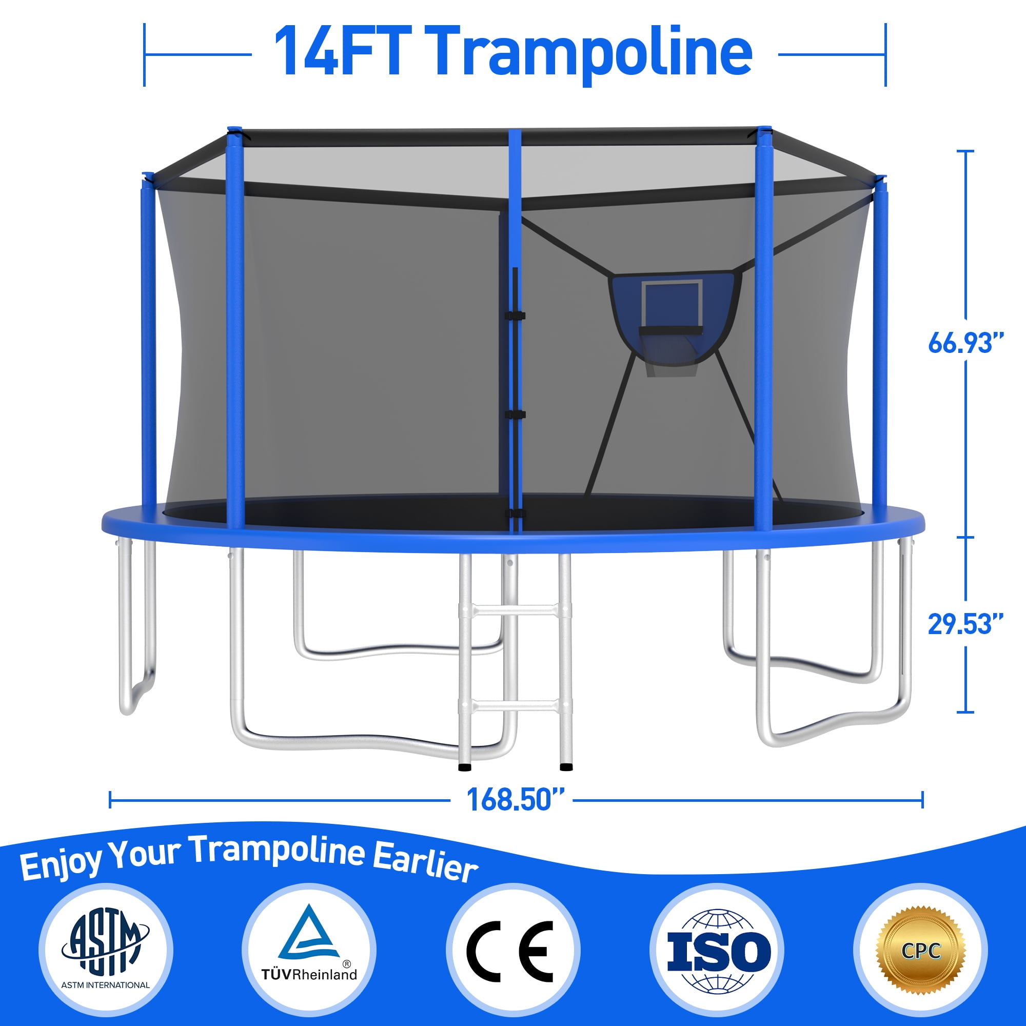 Kacho Outdoor Round Trampoline with Enclosure Net and Basketball Hoop (Blue, 14 ft) 12y5d