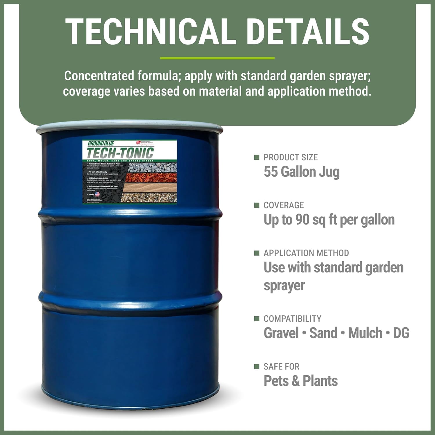 Ground Glue Tech-Tonic Landscape Adhesive for Rock, Mulch, and Sand, Weatherproof Stabilizer for Trails and Slopes (55 Gallon) ne1ld