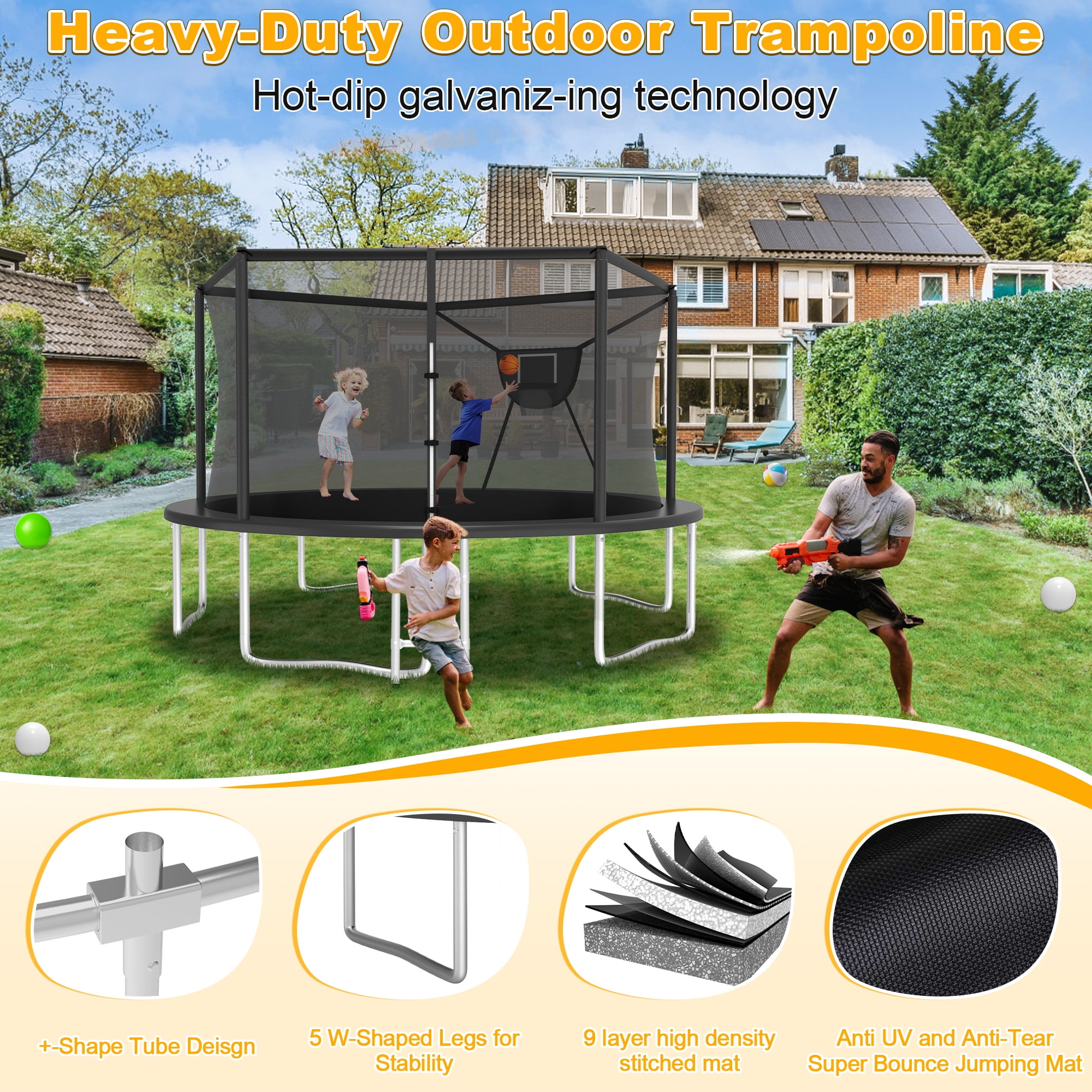XMIKA 14ft Outdoor Round Trampoline with Enclosure Net, Basketball Hoop, Sprinkler, and Ladder (Black, 1400 lb Capacity) n3d4b