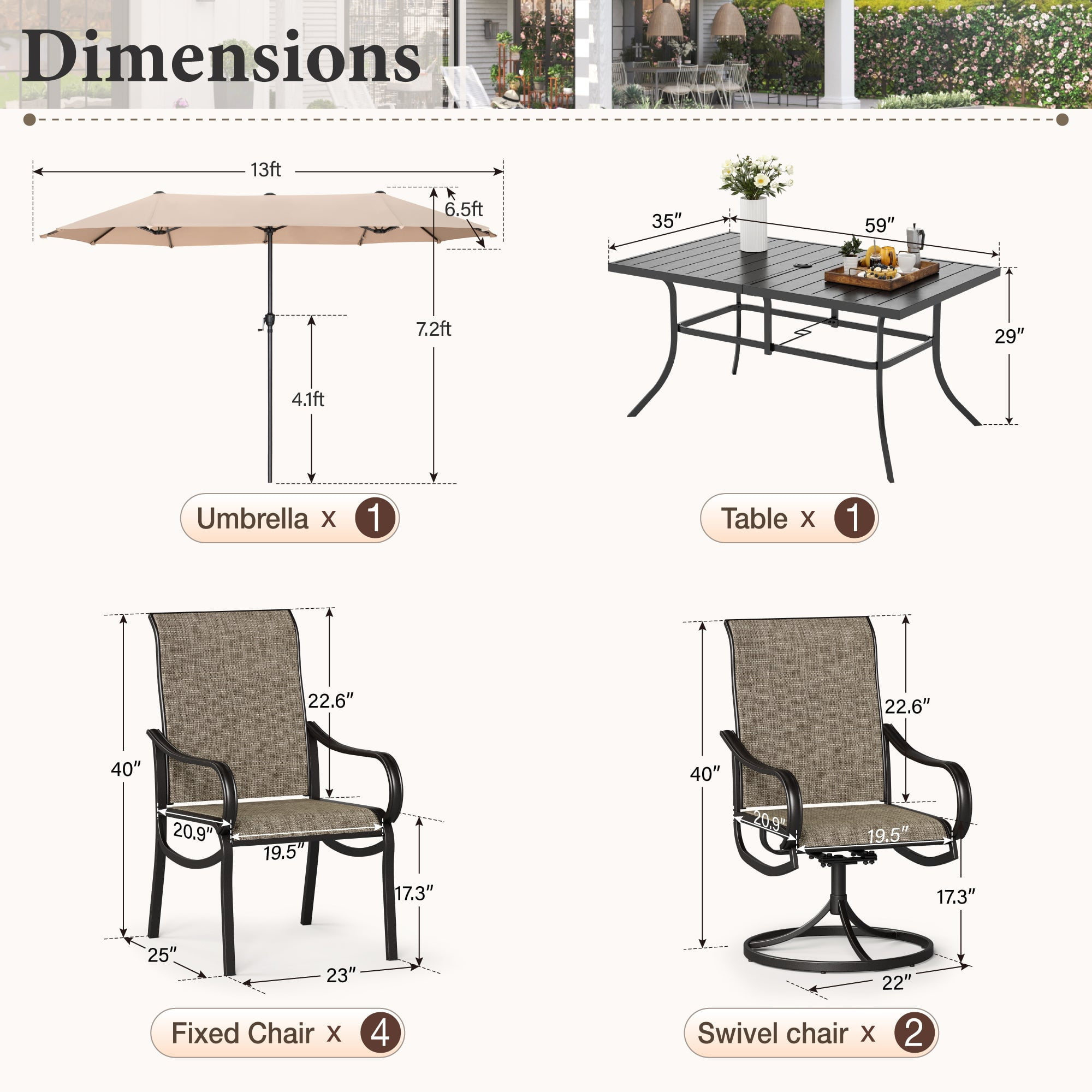MF Studio 8-Piece Outdoor Patio Dining Set with 13ft Umbrella and 59 in Metal Table (Beige, 8-Piece Set) 5vx29