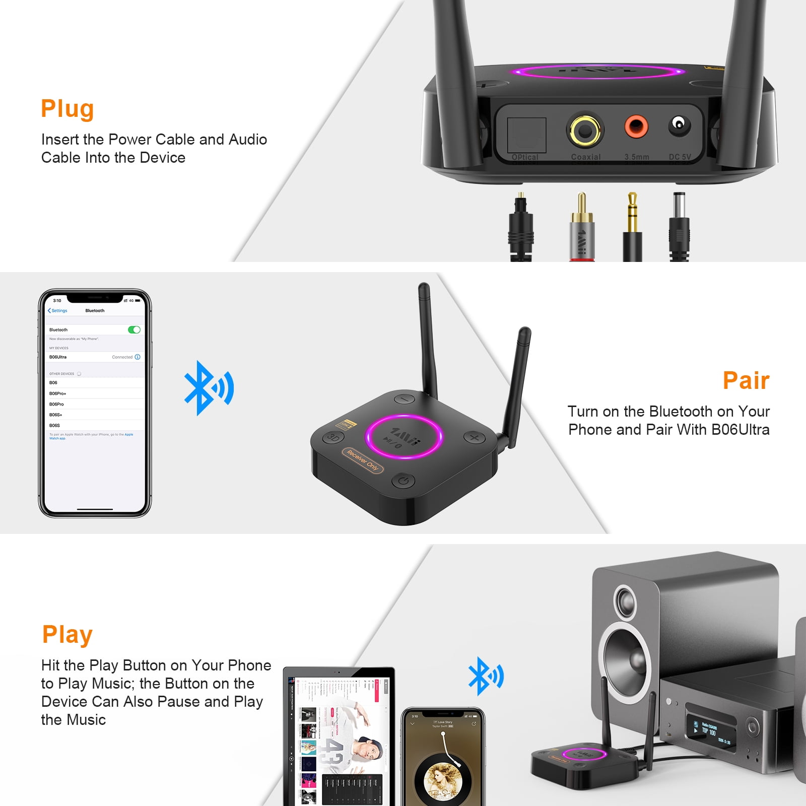 1Mii B06Ultra Bluetooth 5.2 Receiver, HiFi Audio Adapter with LDAC and aptX Low Latency (Black, 1 Pack) chtlb