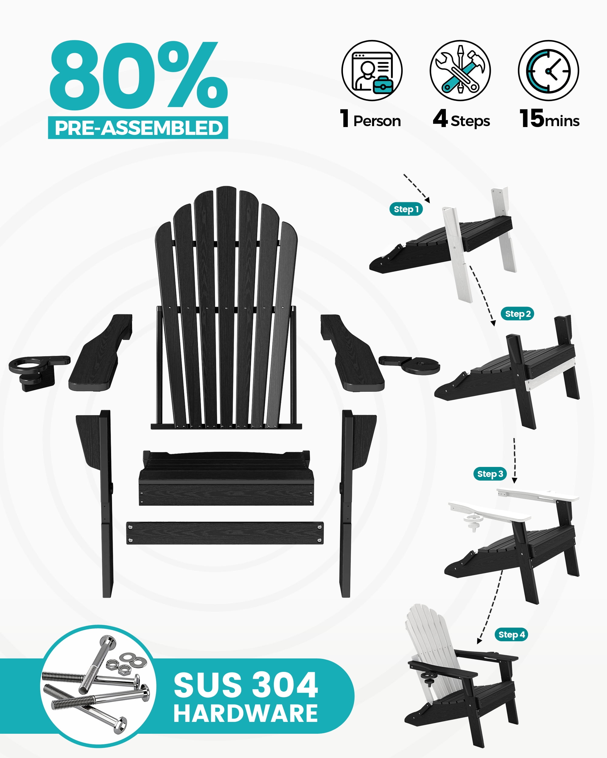Cobiod Outdoor Adirondack Chair, Foldable Lawn Chair with Dual Cup Holders, Weather Resistant High Back (Black, 33 in Backrest) lp9tx