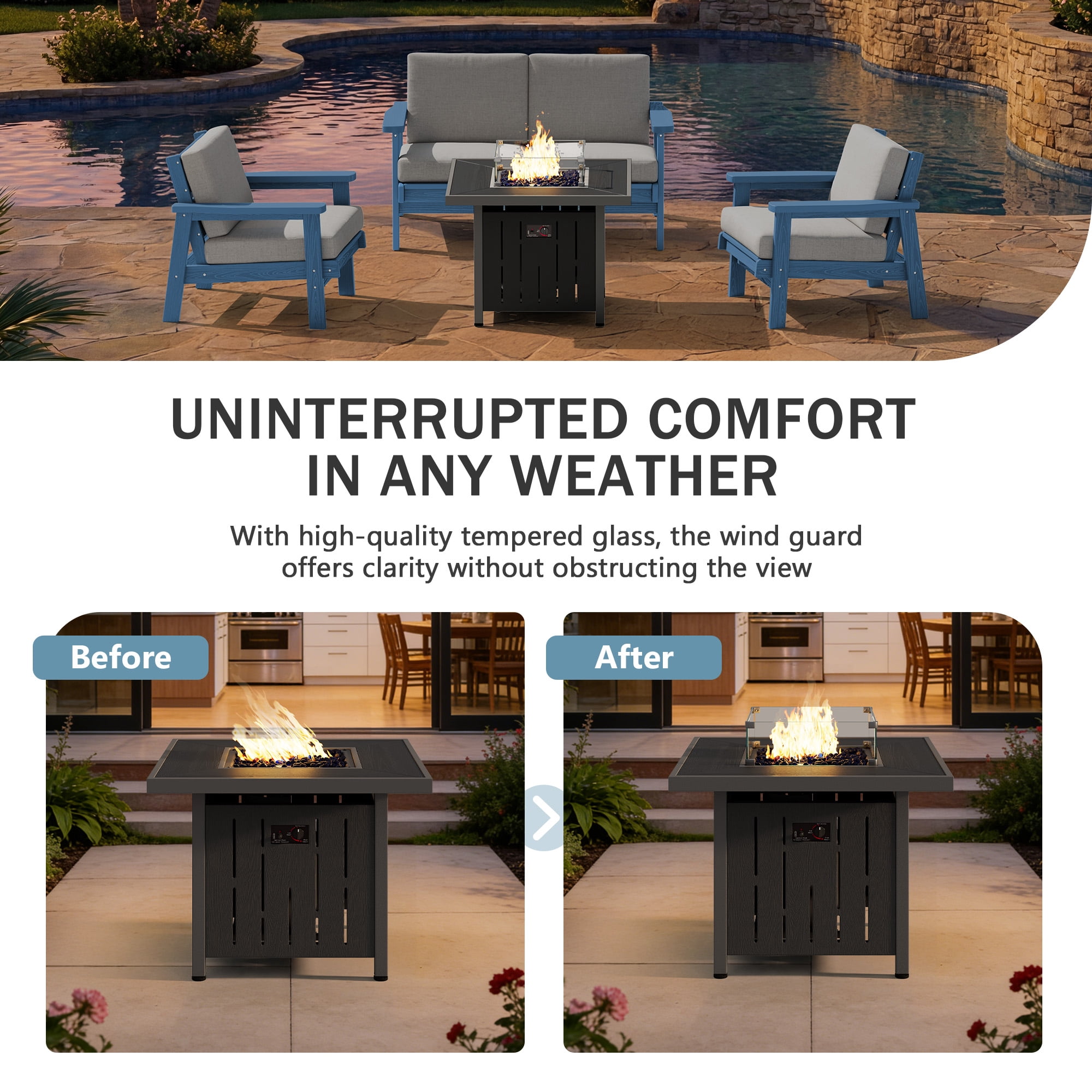 SERWALL 33 in Square Propane Fire Pit Table with Glass Wind Guard and Lid (Black, 50,000 BTU) s92h0