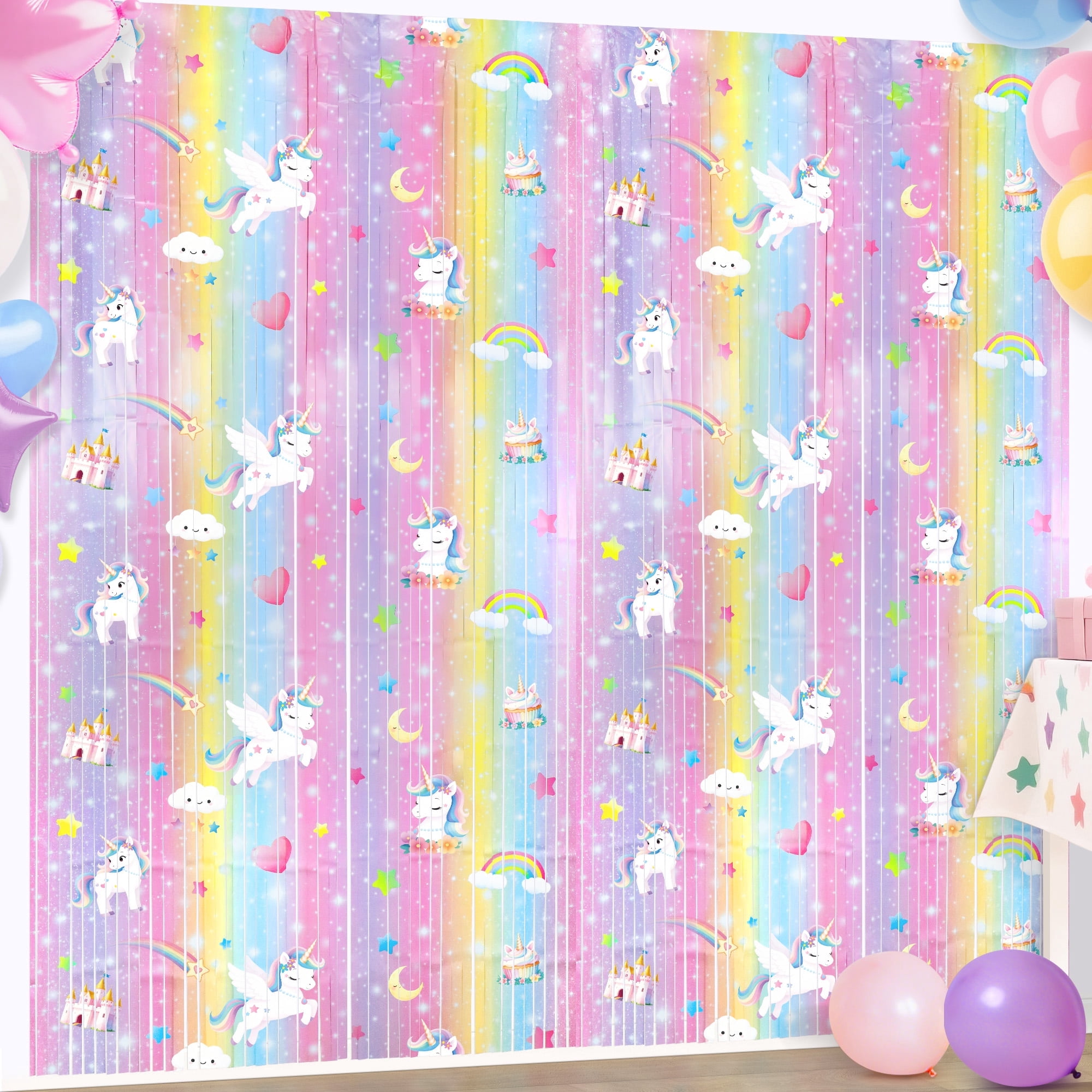 Sinekong Unicorn Tinsel Foil Fringe Curtains, Pastel Rainbow Party Backdrop (2 Pack, 3.3 ft x 6.6 ft) njl2w