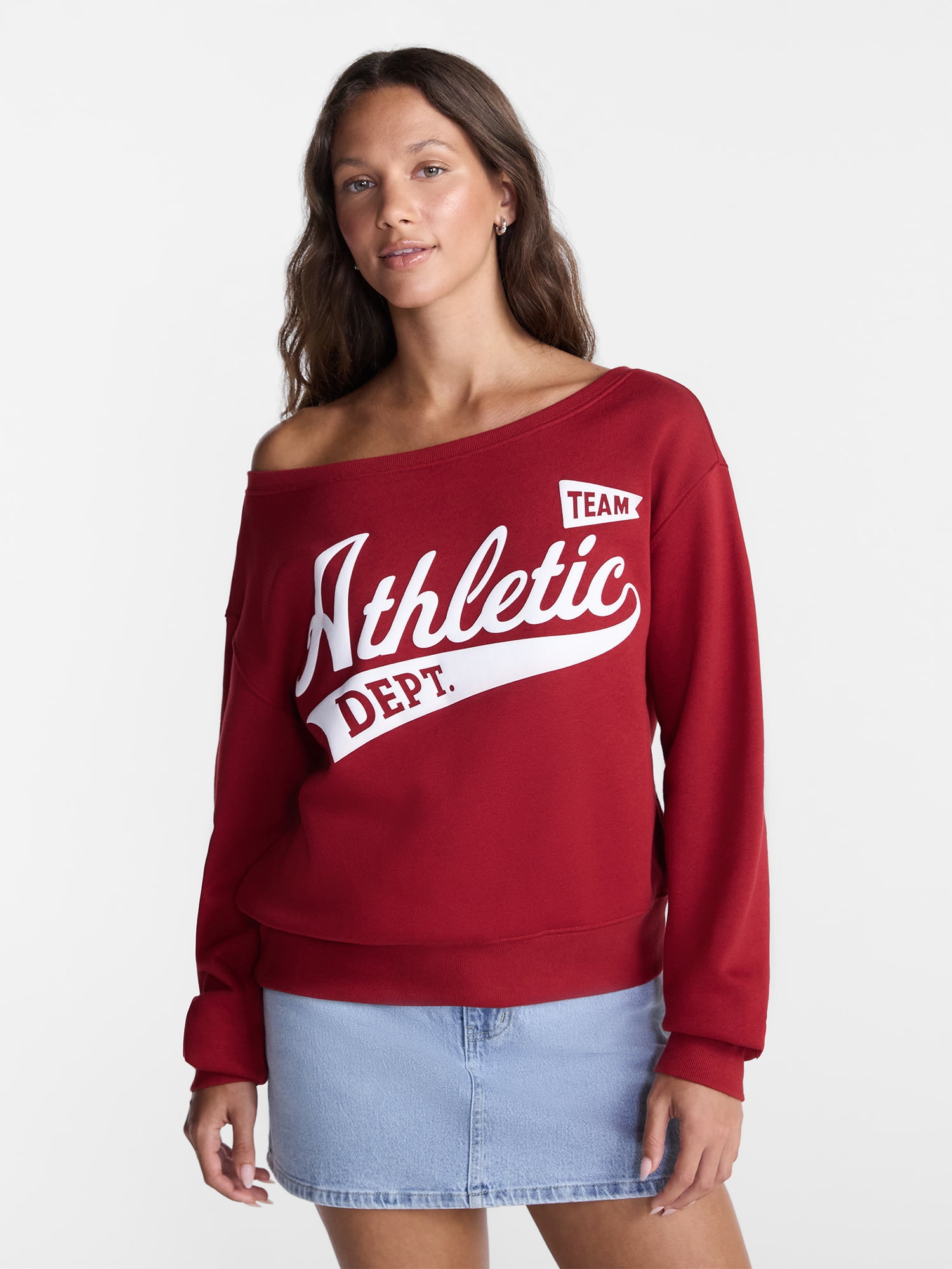 No Boundaries Women's Off-the-Shoulder Long Sleeve Fleece Sweatshirt (Red, S) fgg6r