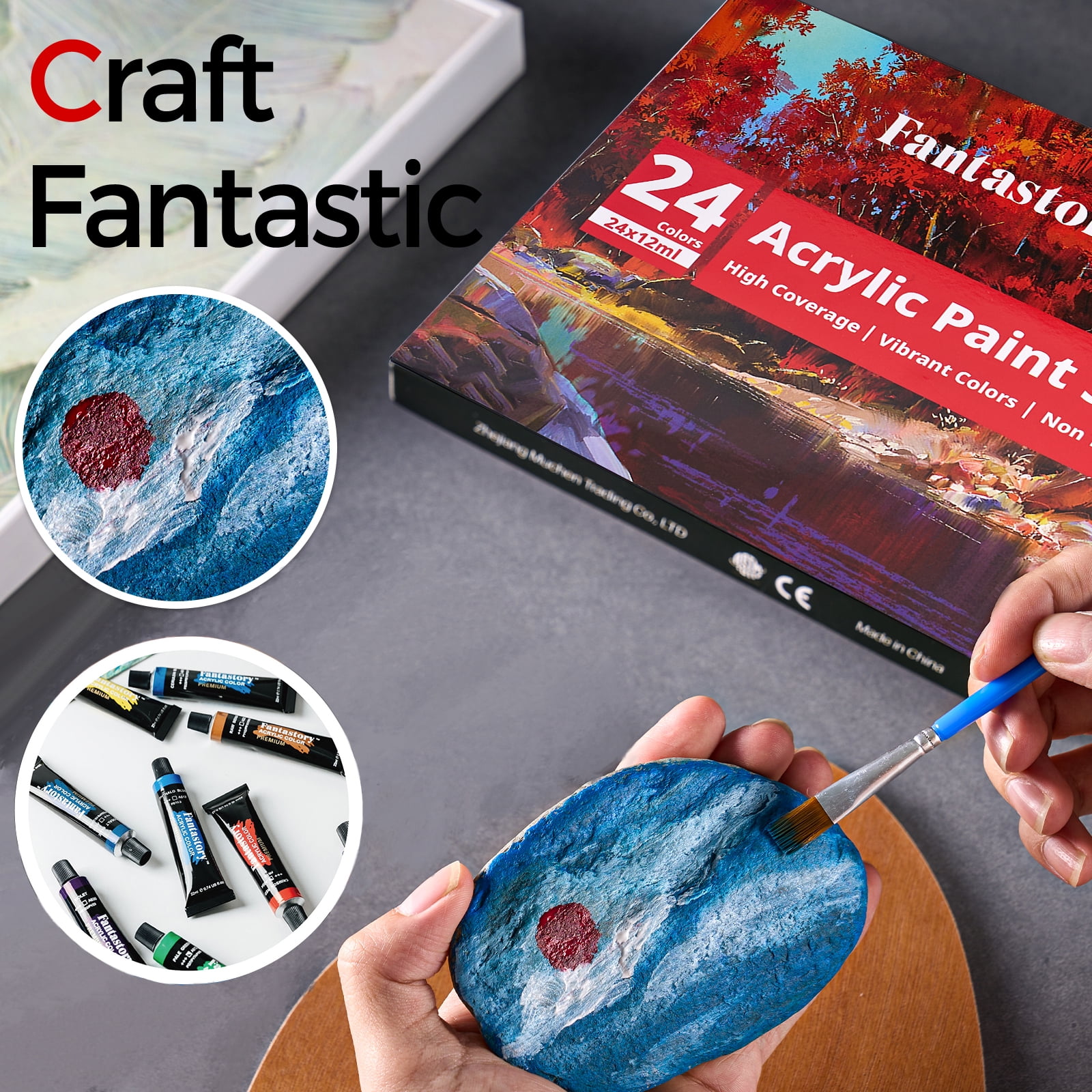 Fantastory Acrylic Paint Set, Professional Craft Art Supplies with 3 Brushes (24 Colors, 0.41 fl oz) e5r79