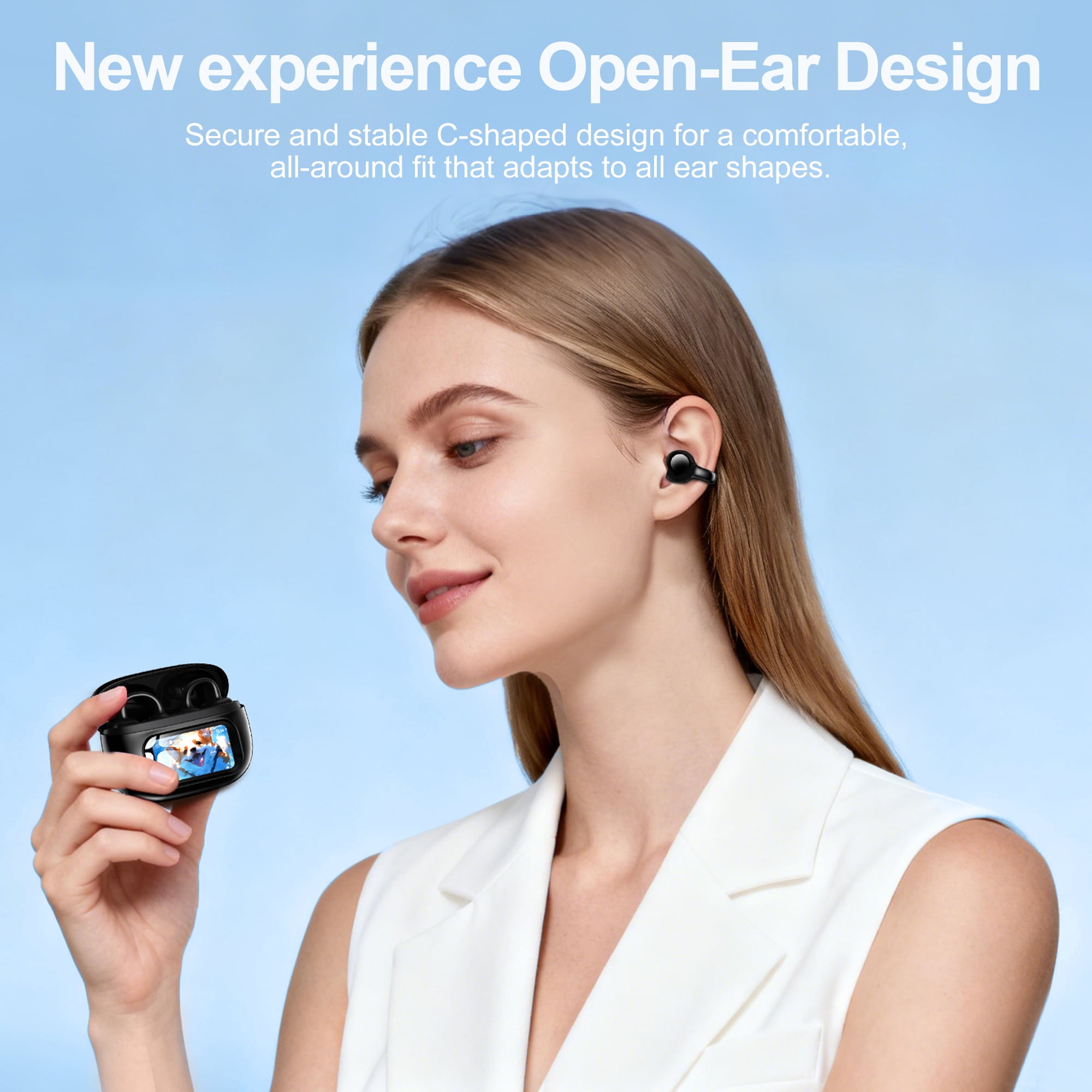 Breezio Open-Ear Wireless Earbuds with Smart Touchscreen Charging Case (Black) kp5sy